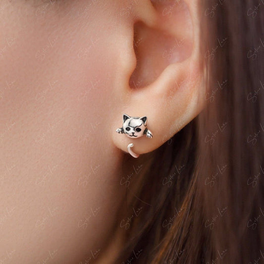 hanging silver cat earrings