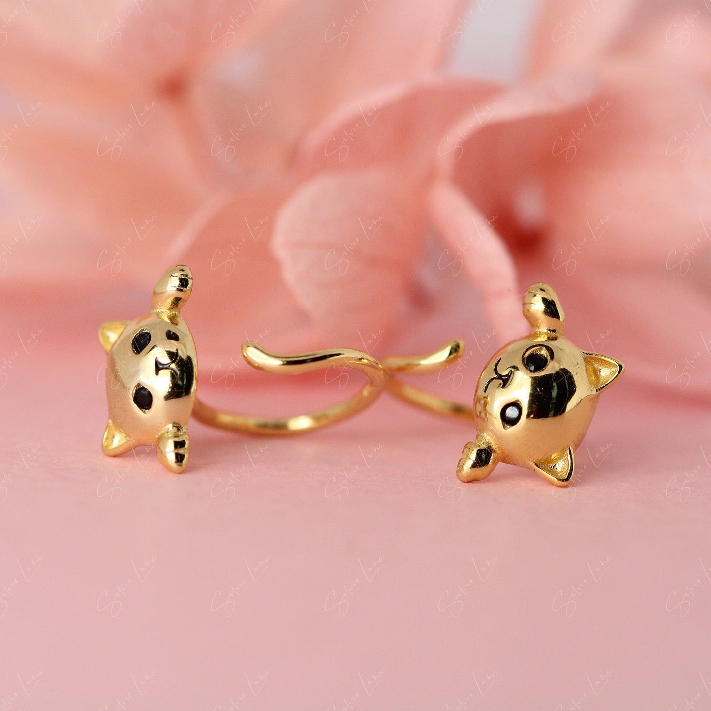 gold plated hanging cat earrings