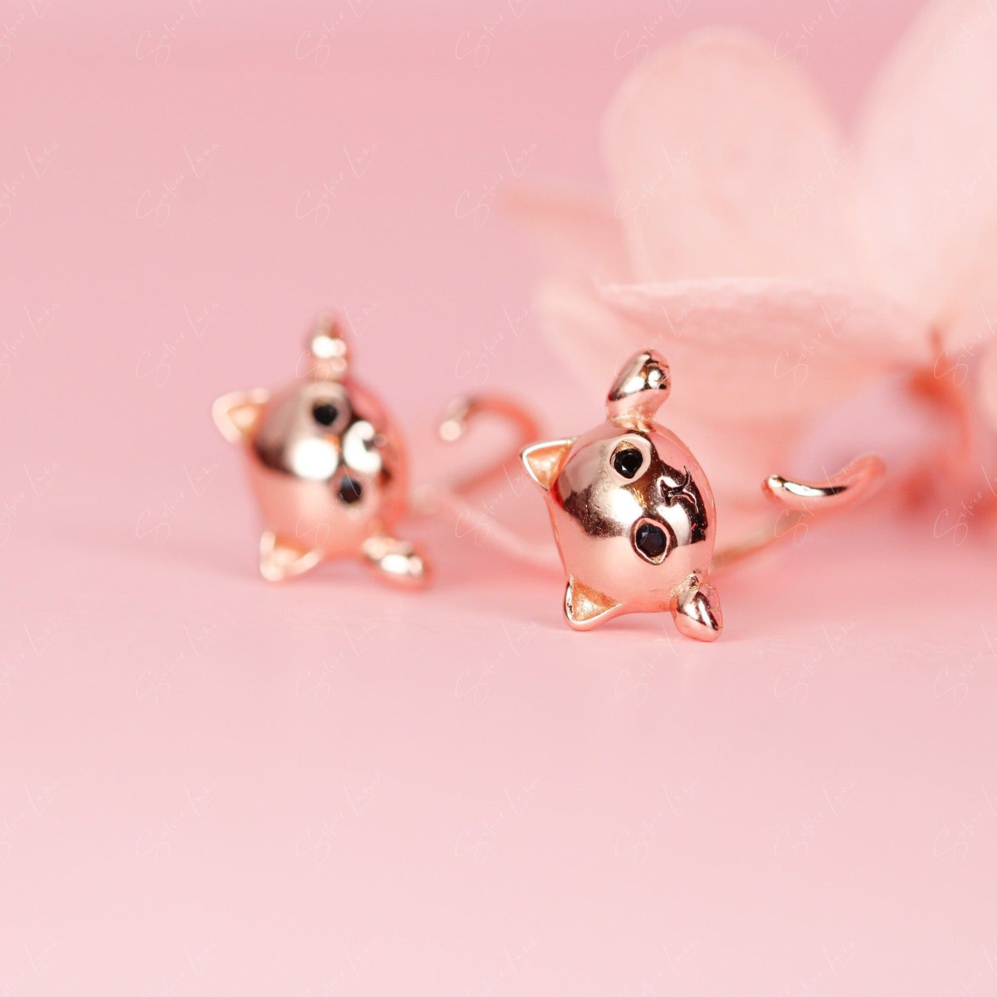 Funny Hanging Cat Stud Wrap Sterling Silver Earrings Rose Gold