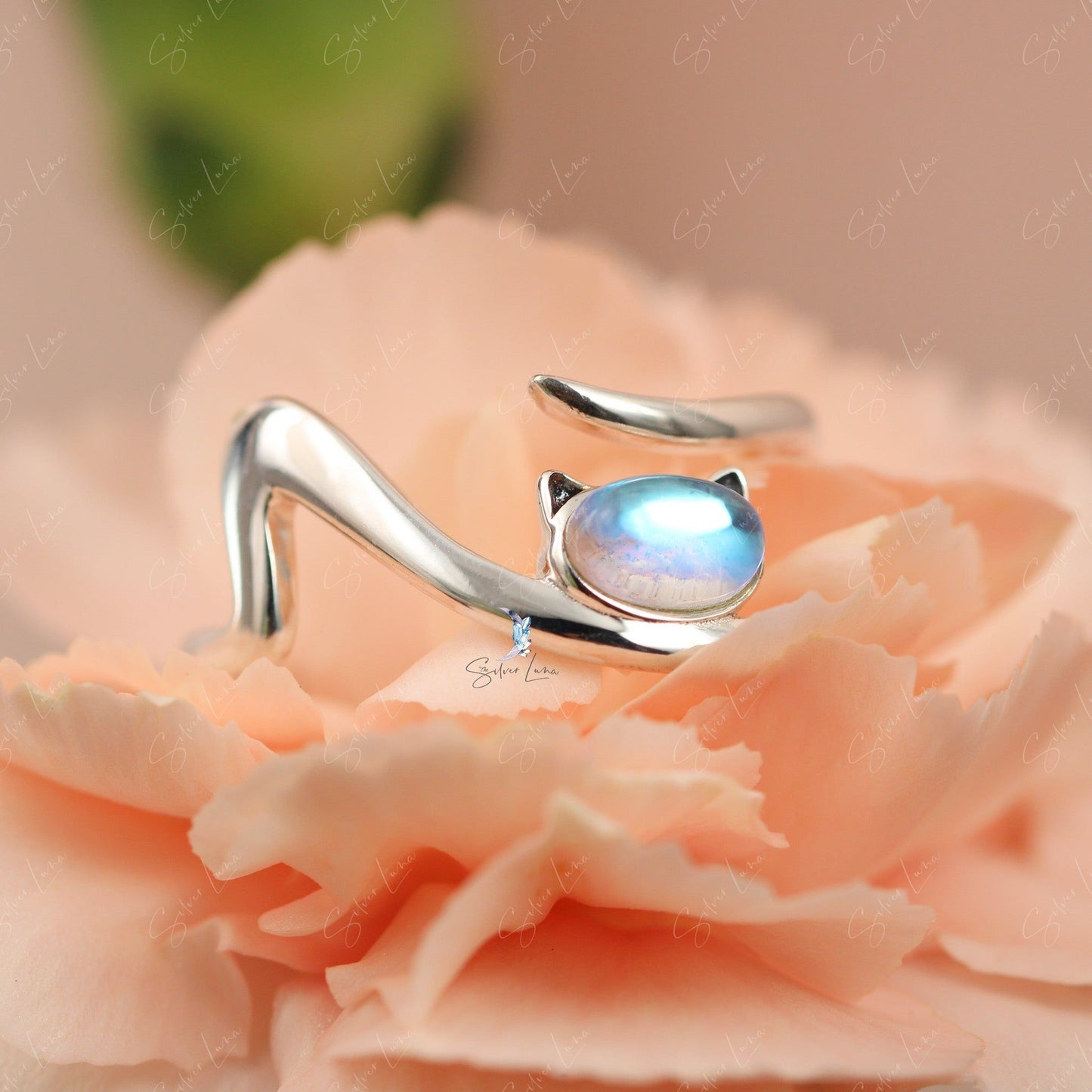 Moonstone cat adjustable sterling silver ring