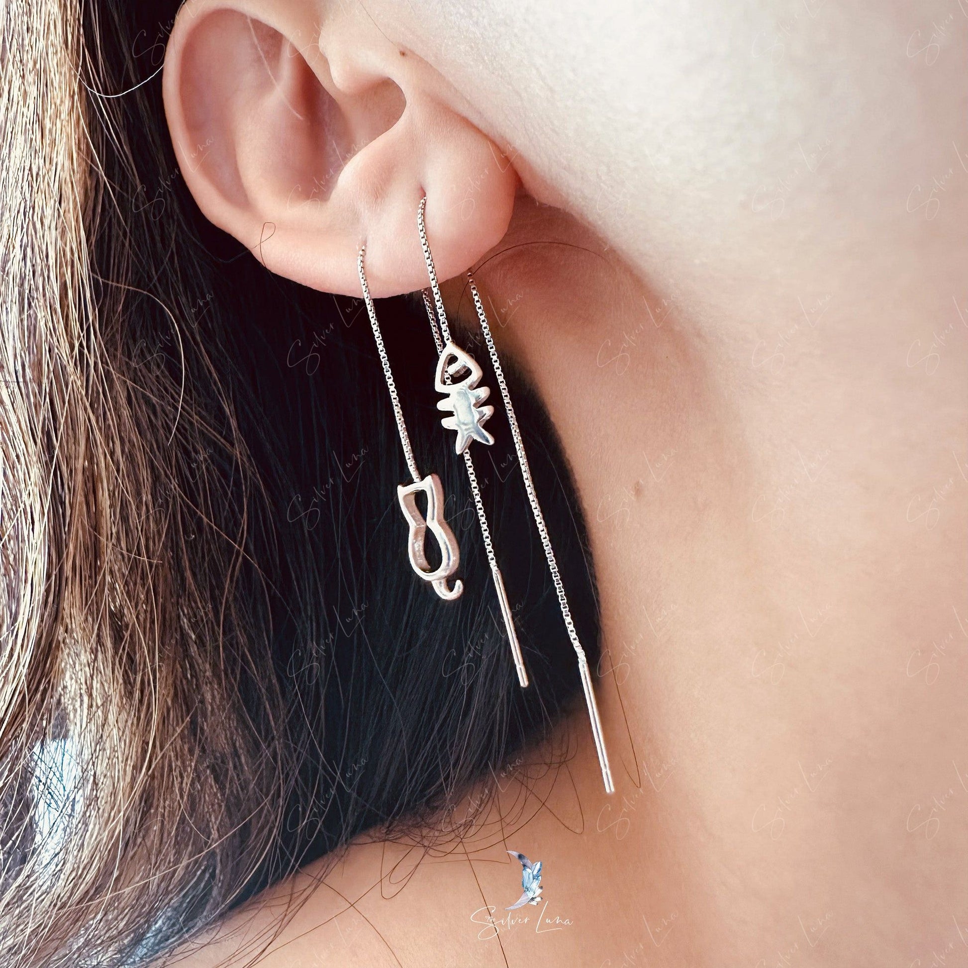 cat and fish bone threader earrings