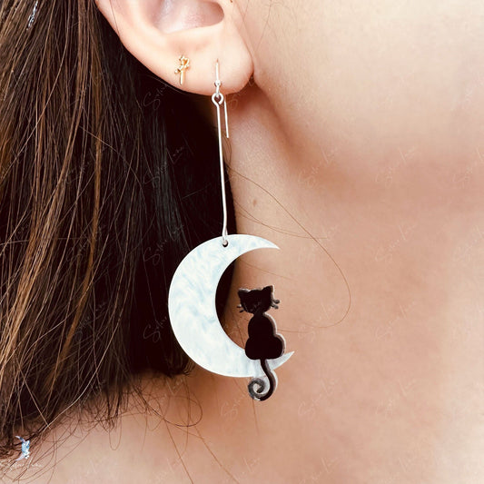 cat on moon dangle drop earrings