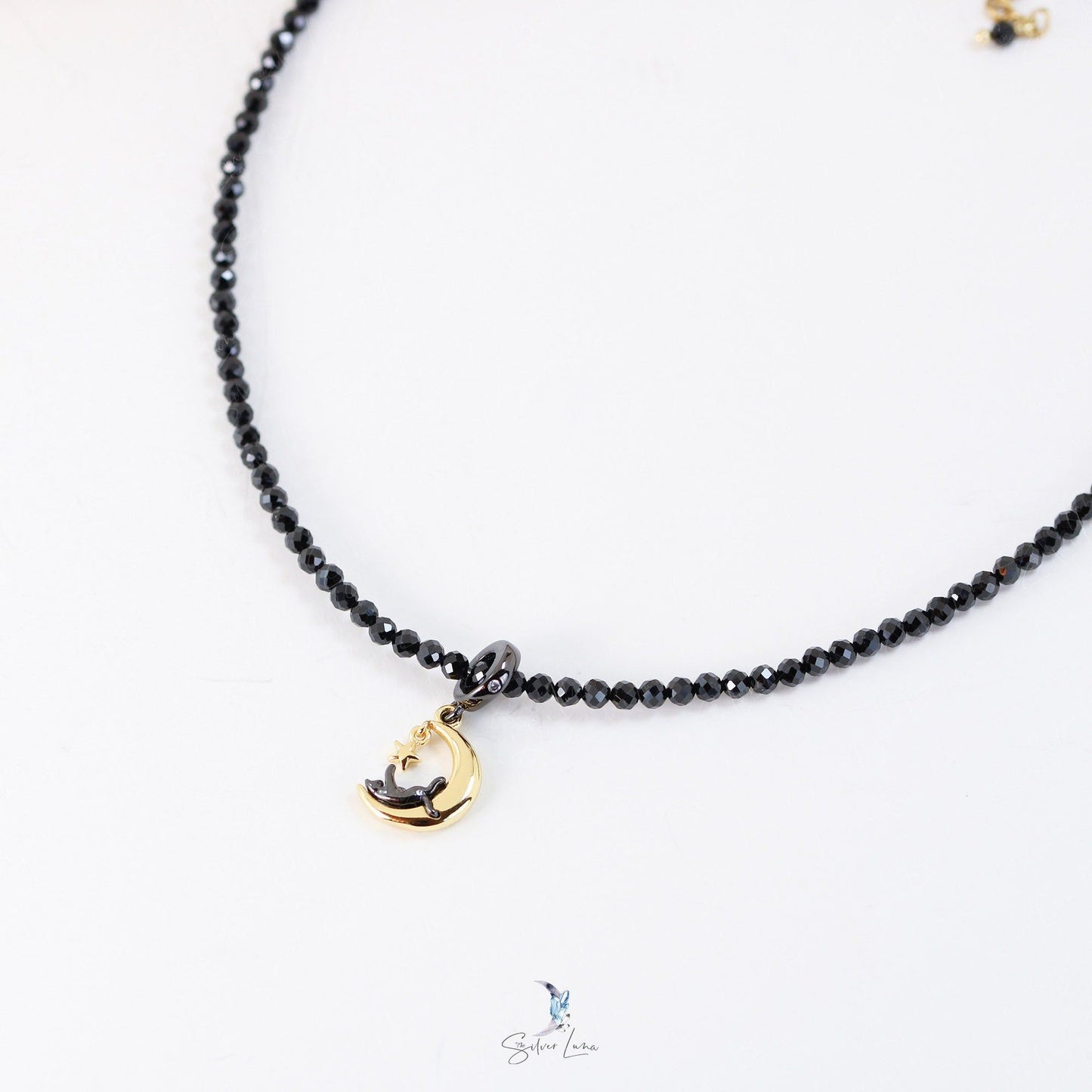 cat on moon black spinel choker