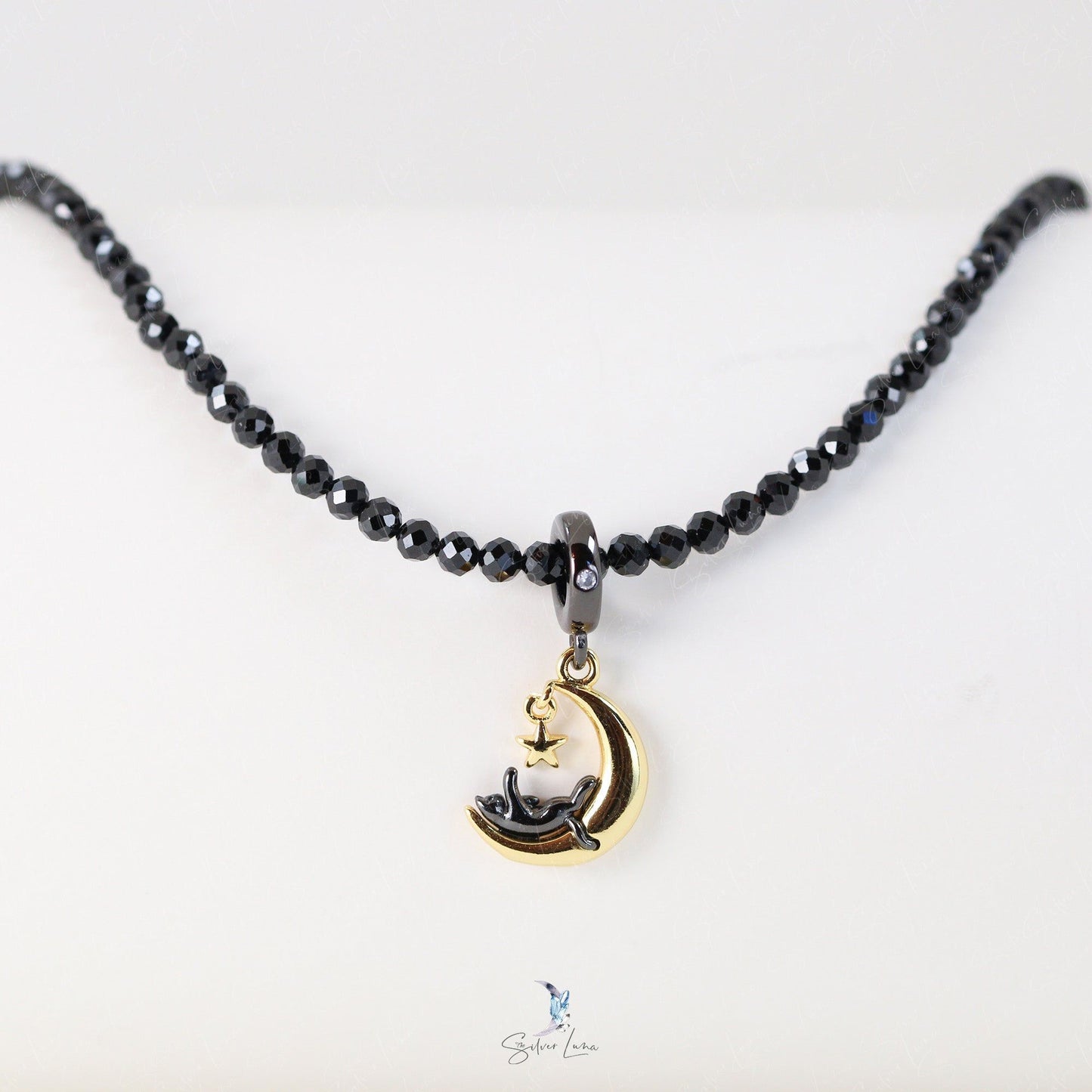 black cat on gold moon beaded necklace