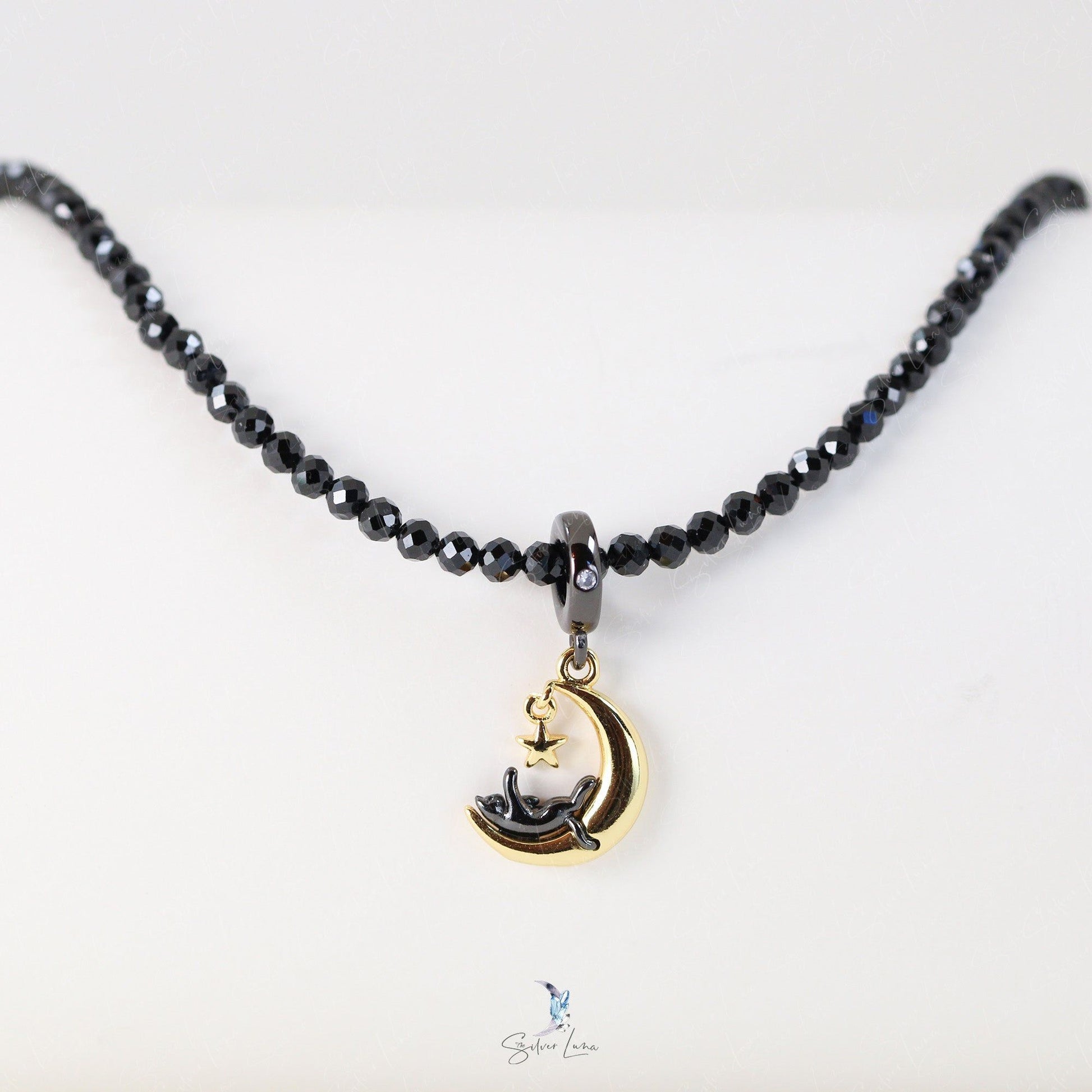 black cat on gold moon beaded necklace