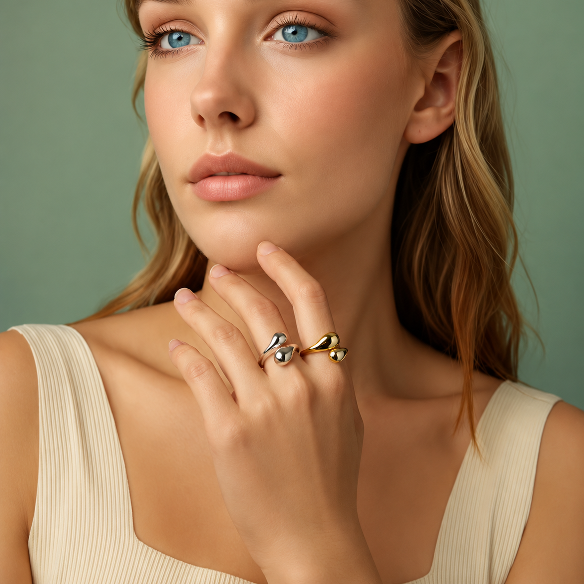 A close-up of a woman with blonde hair and blue eyes wearing two twisted metal rings on her fingers, set against a solid sage green background.