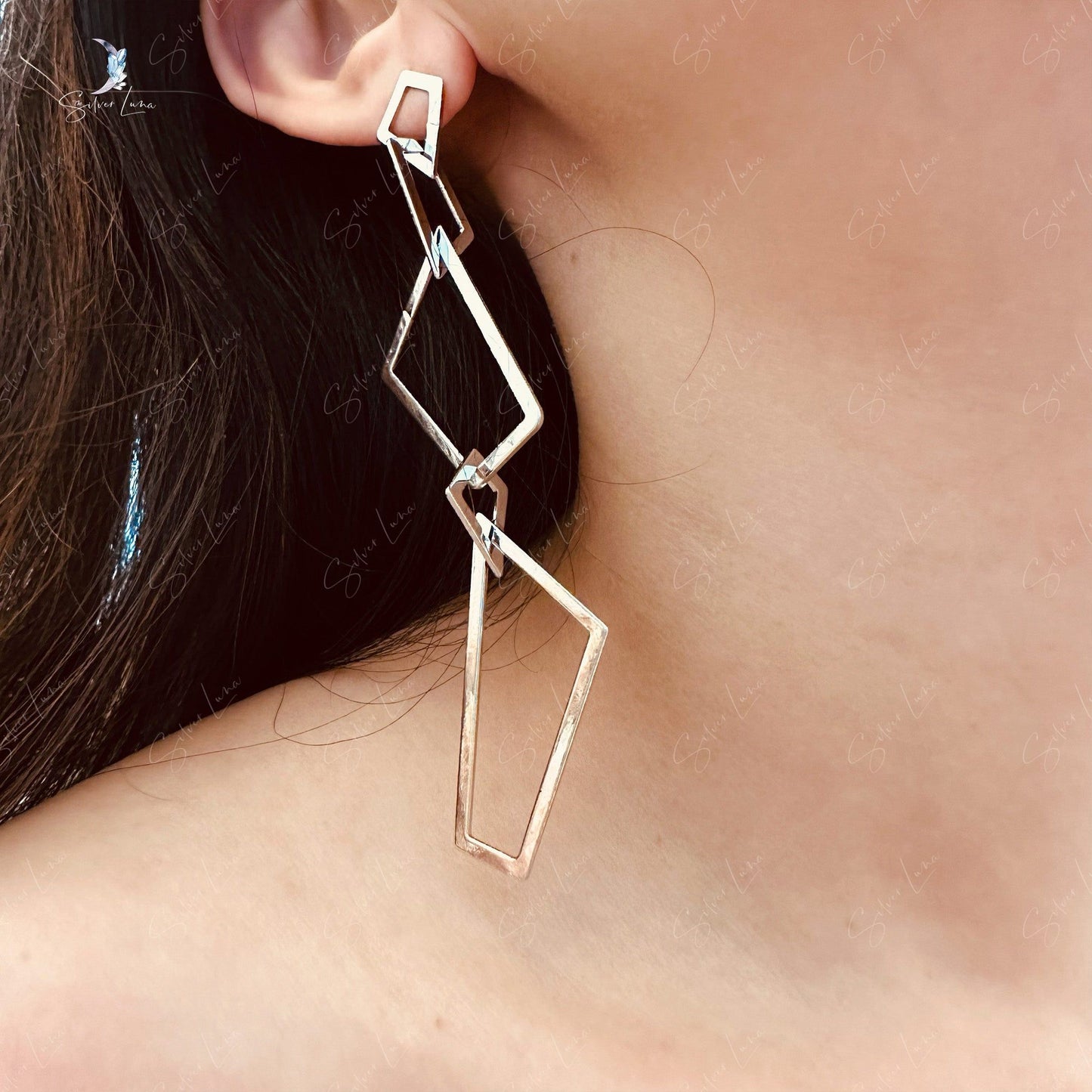 Geometric abstract link chain dangle drop earrings