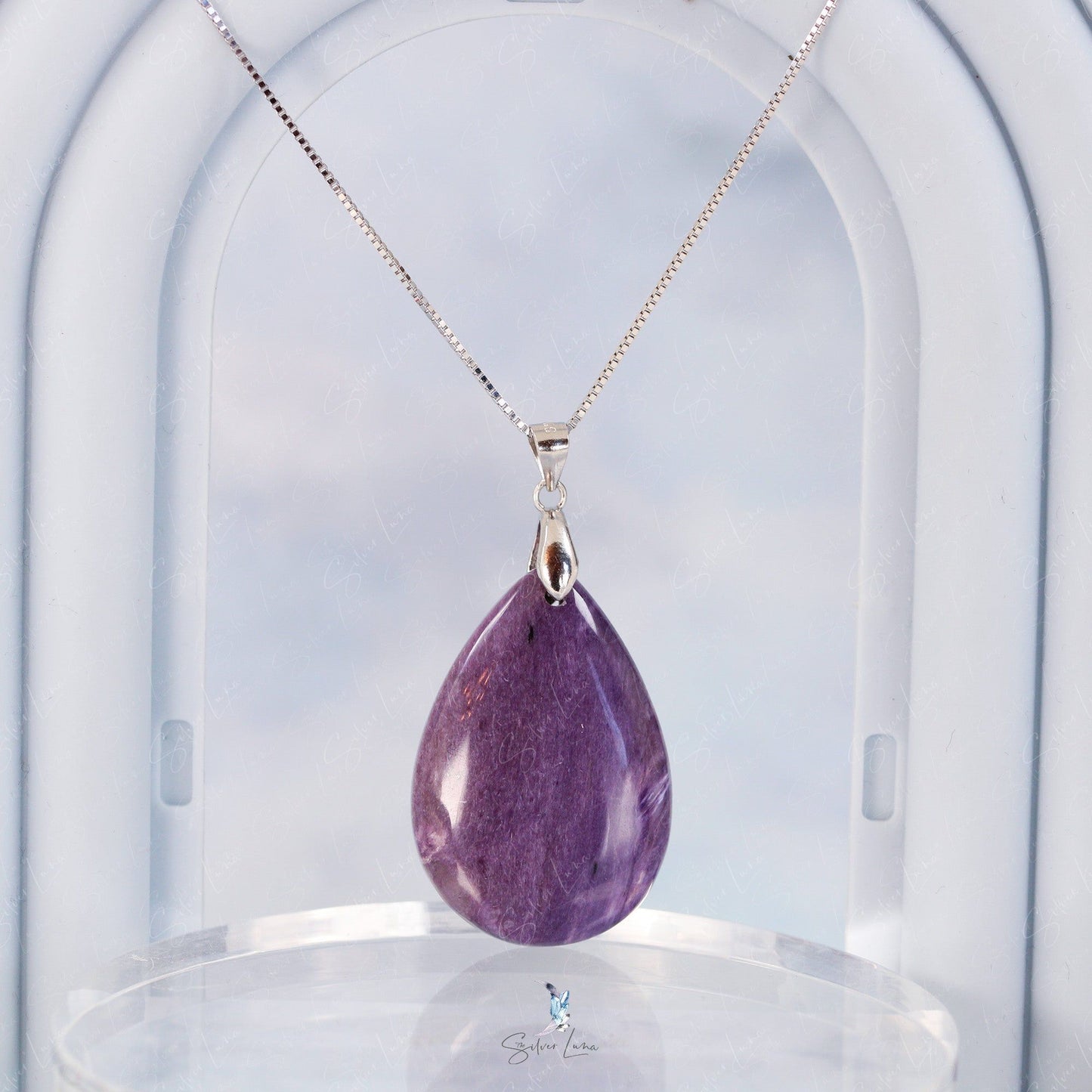 Purple Charoite teardrop pendant necklace