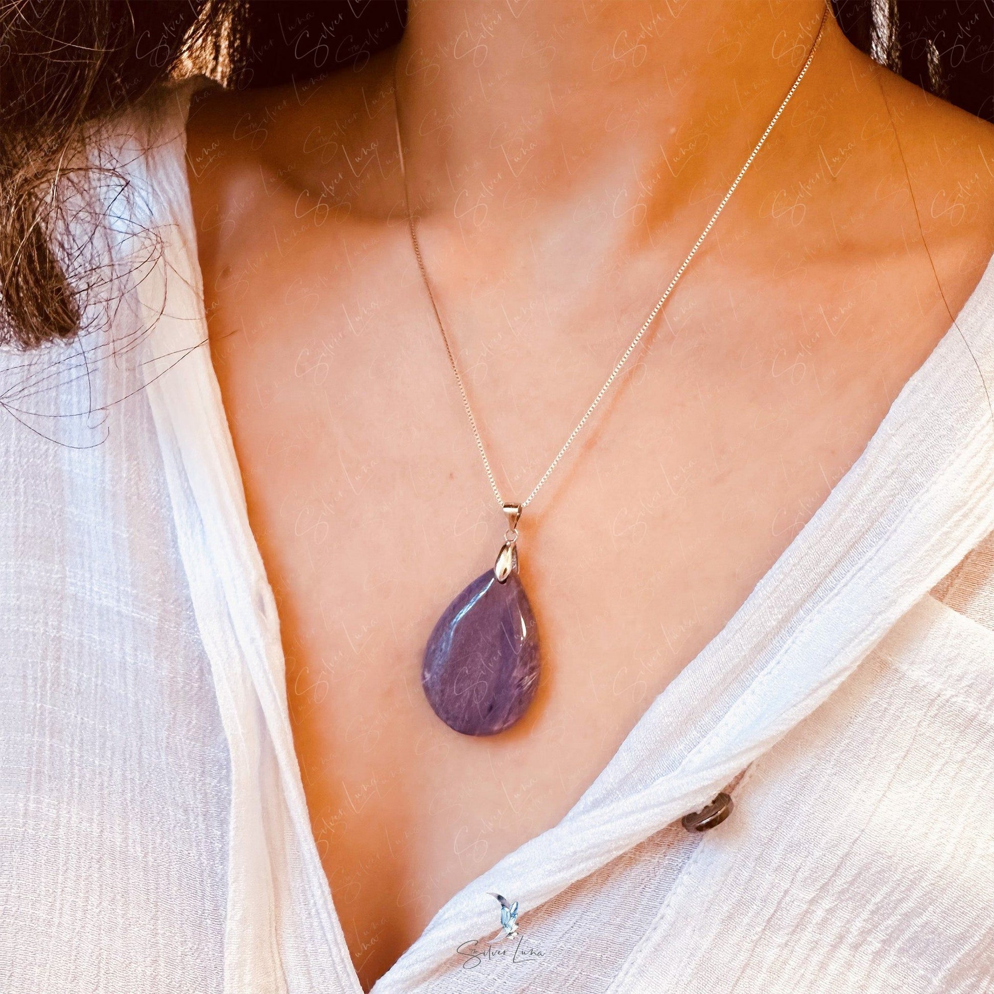 purple charoite teardrop pendant necklace