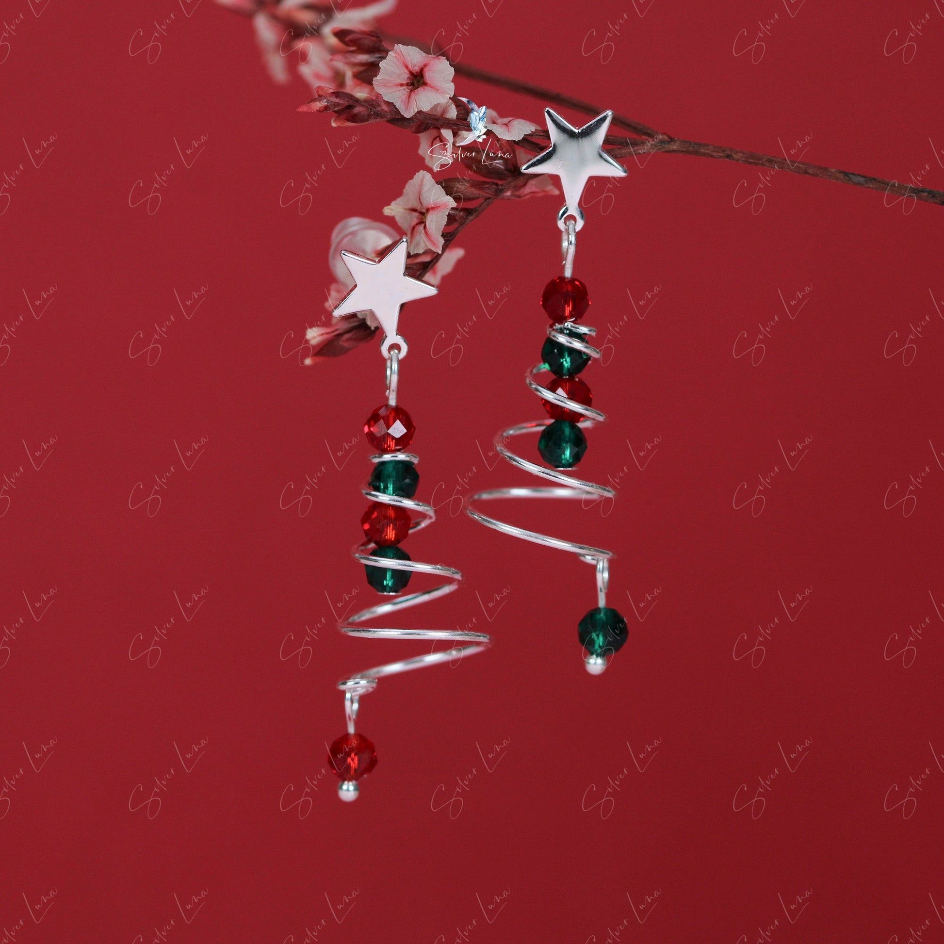 Christmas tree silver earrings