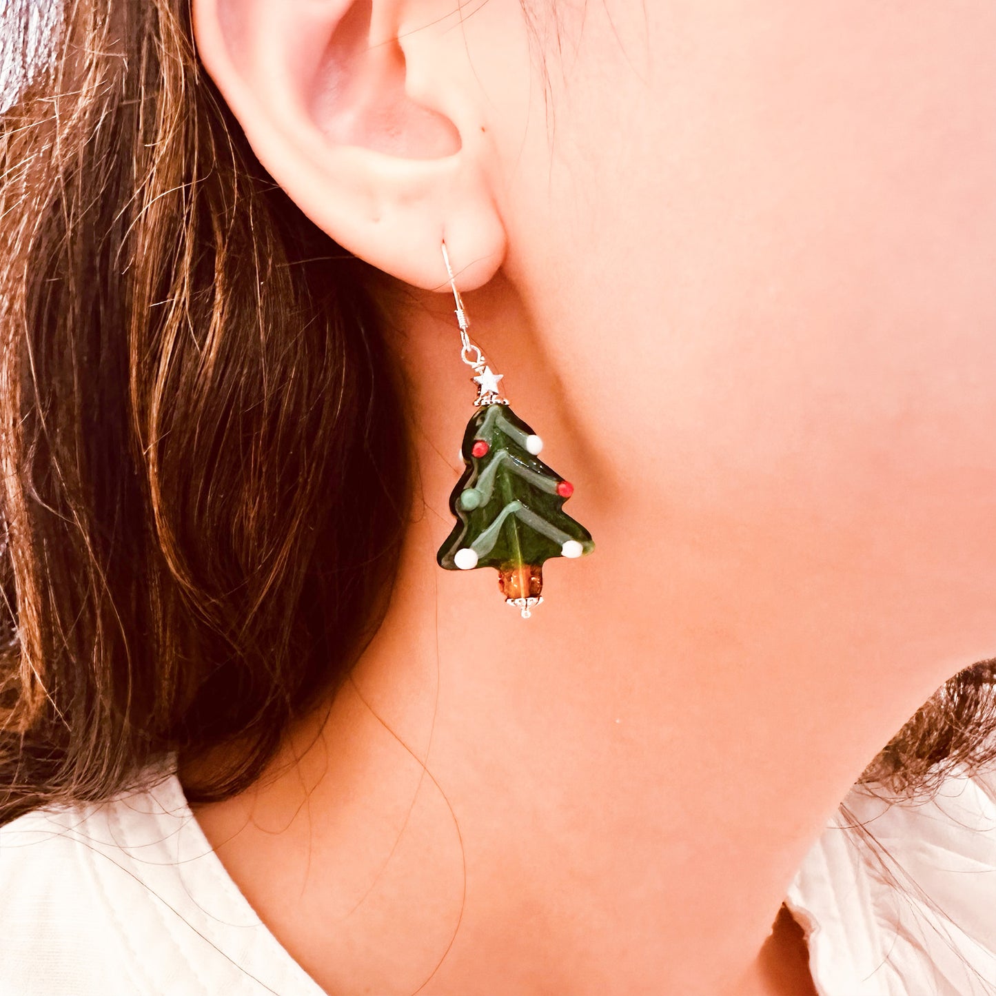 Lamp worked glass bead Christmas tree dangle earrings