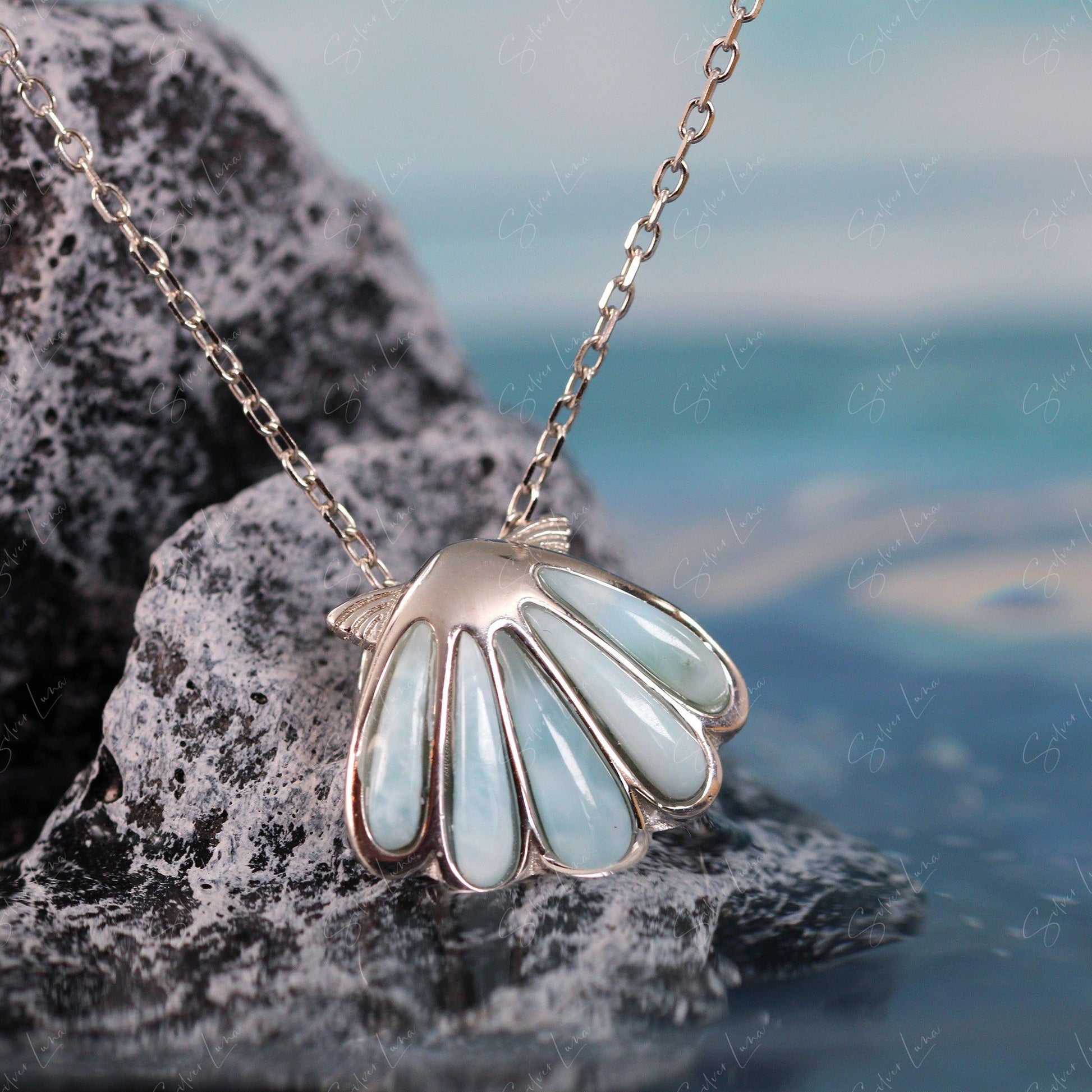 Larimar claim shell necklace