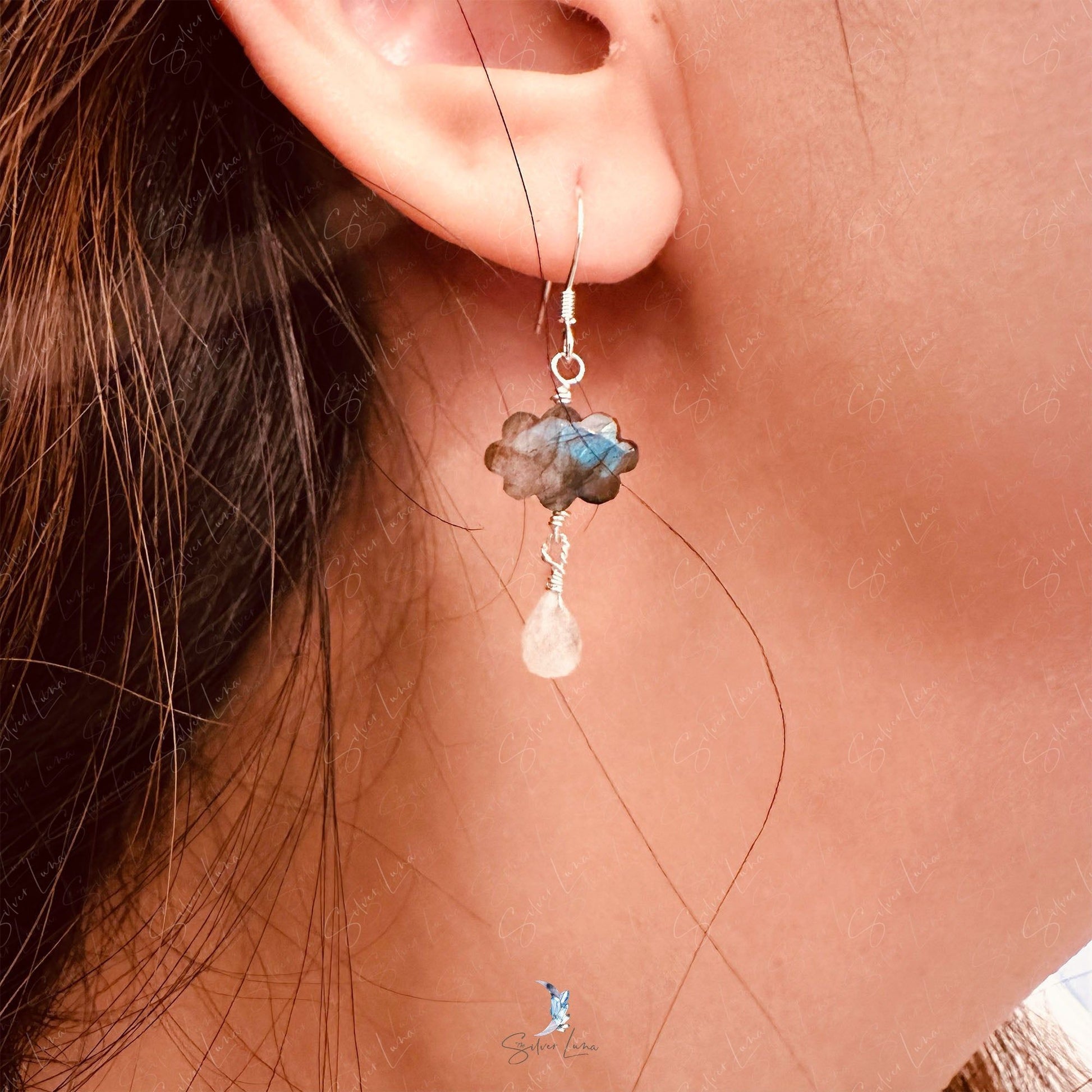 Cloud and rain labradorite dangle drop earrings