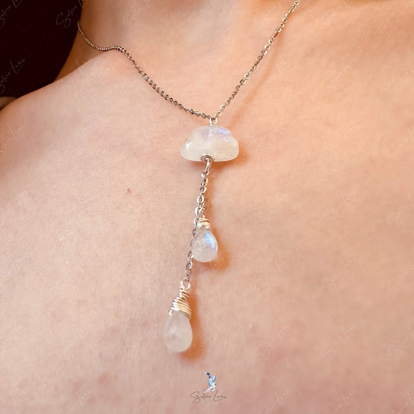 moonstone cloud and rain drop pendant necklace