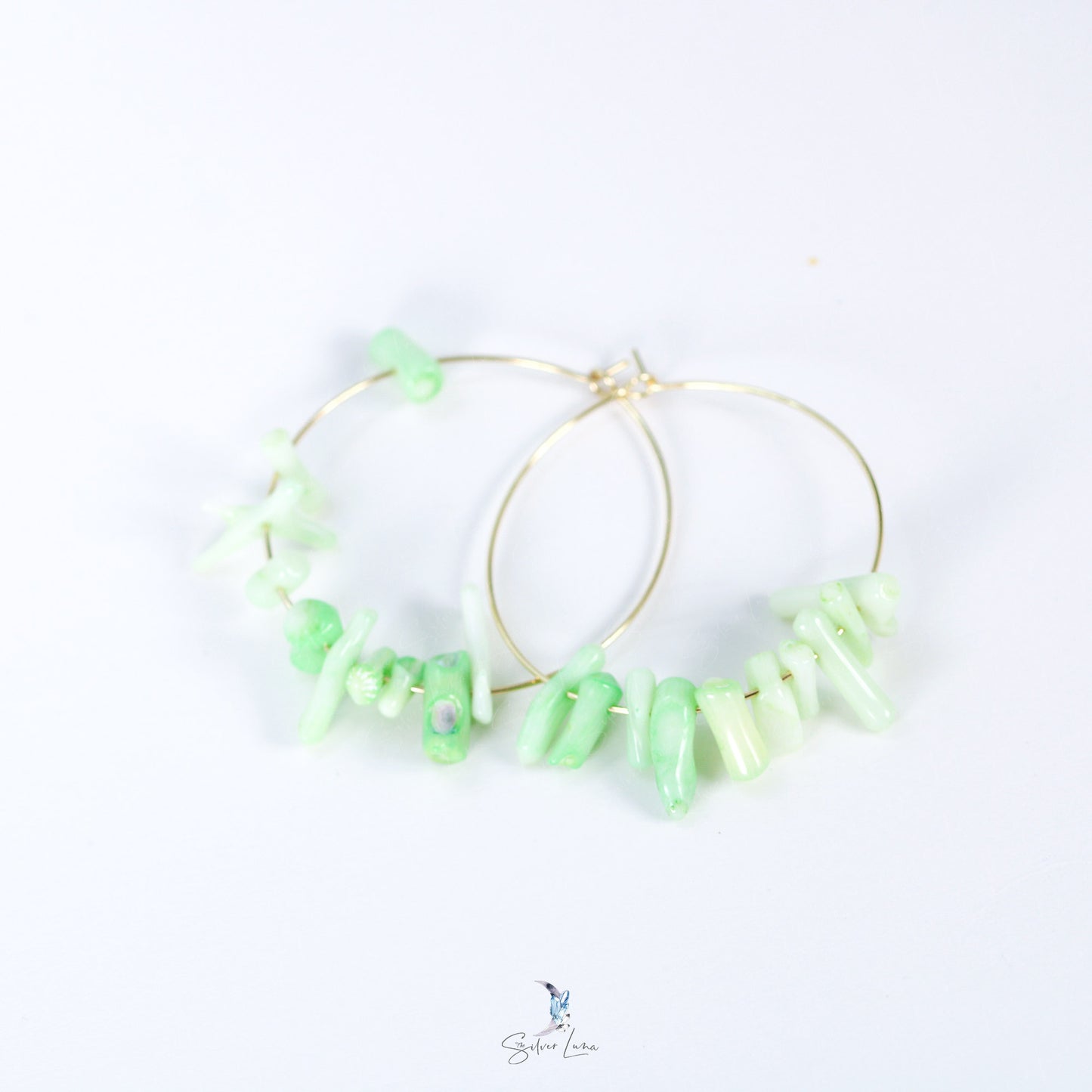 green Coral bead hoop earrings