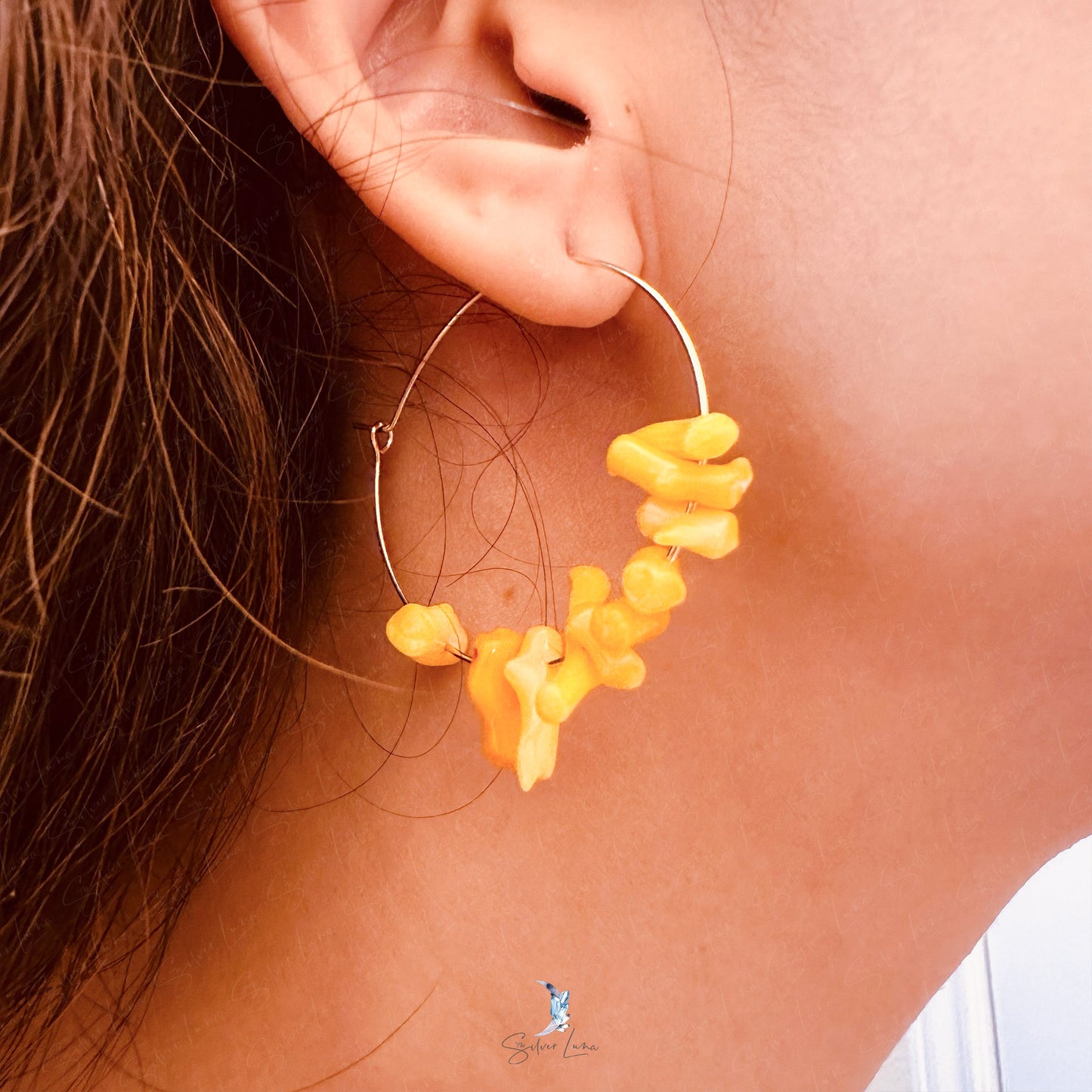 yellow Coral bead hoop earrings