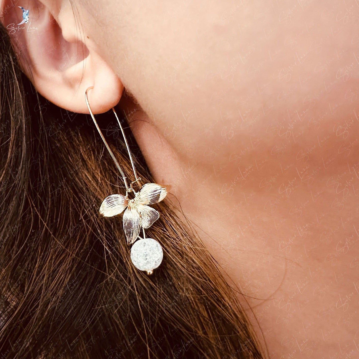 Gold plated orchid flower and stone drop earrings