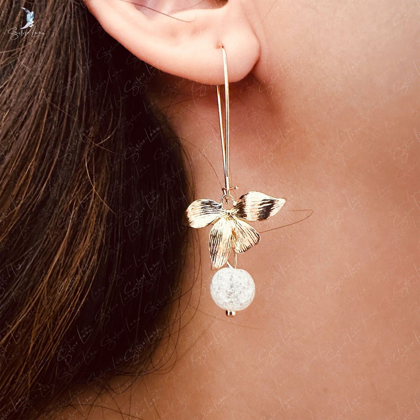 Gold plated orchid flower and stone drop earrings