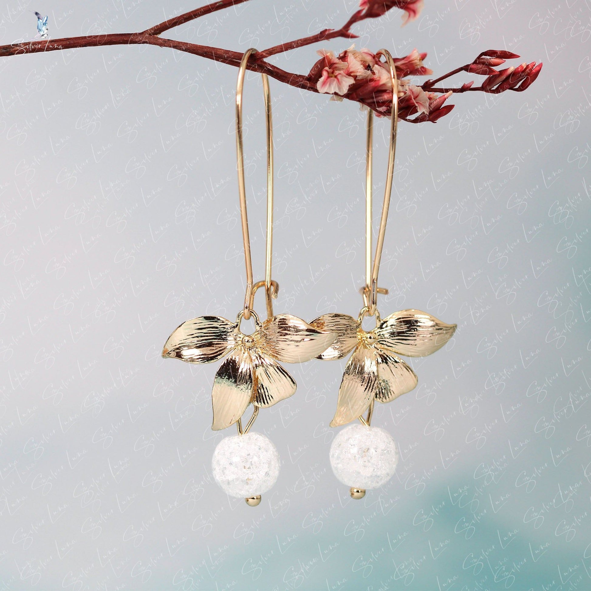 Orchid flower crystal drop earrings