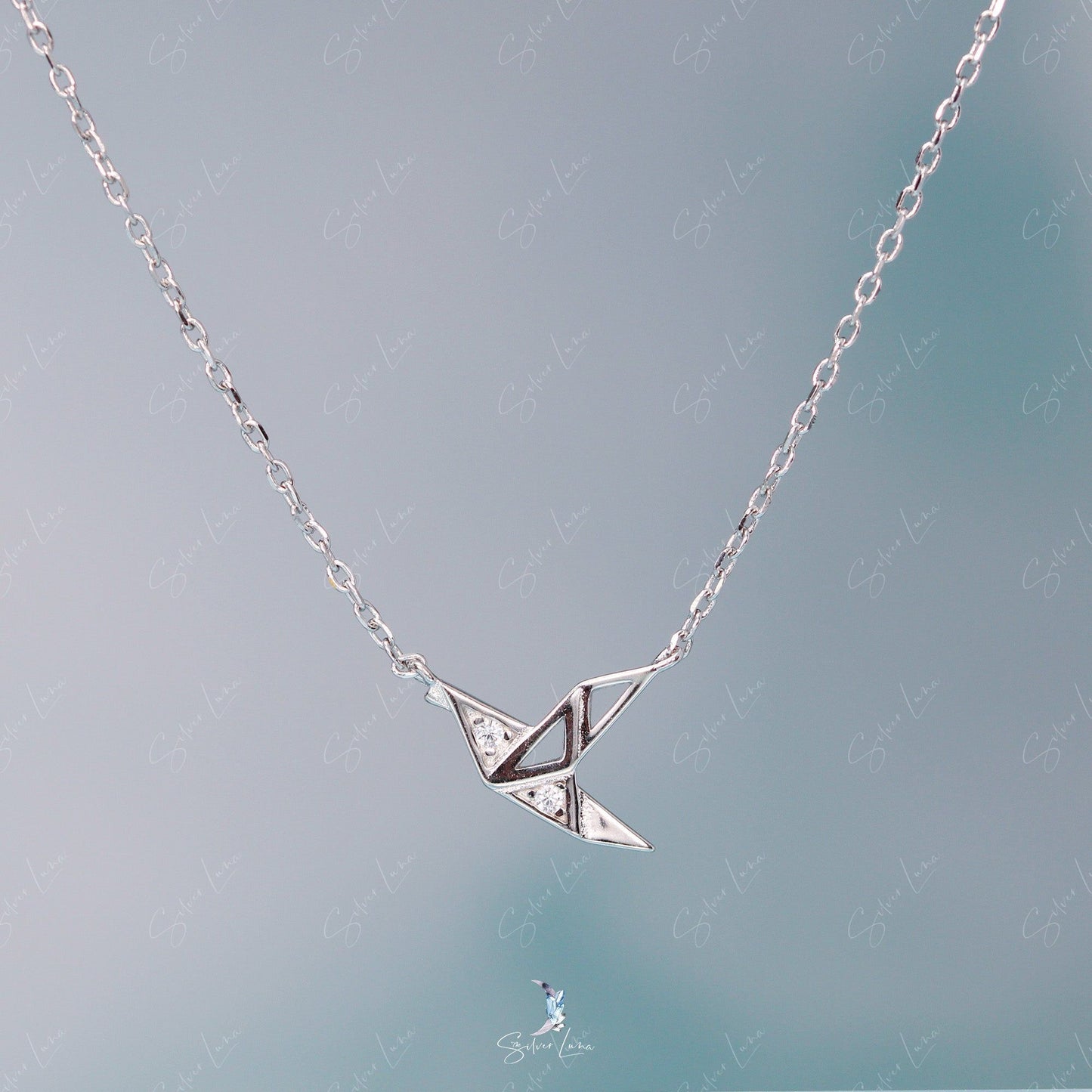 silver paper crane pendant necklace