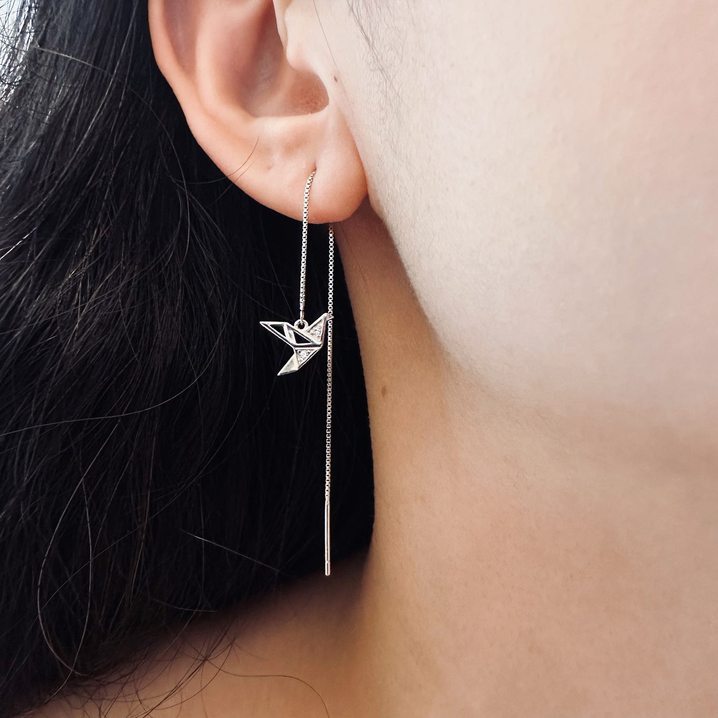 origami paper crane ear threader earrings