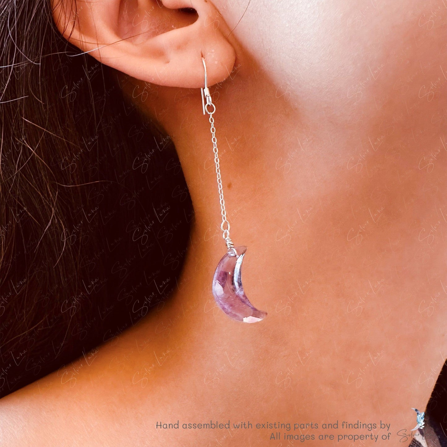 Amethyst natural stone moon drop sterling silver earrings