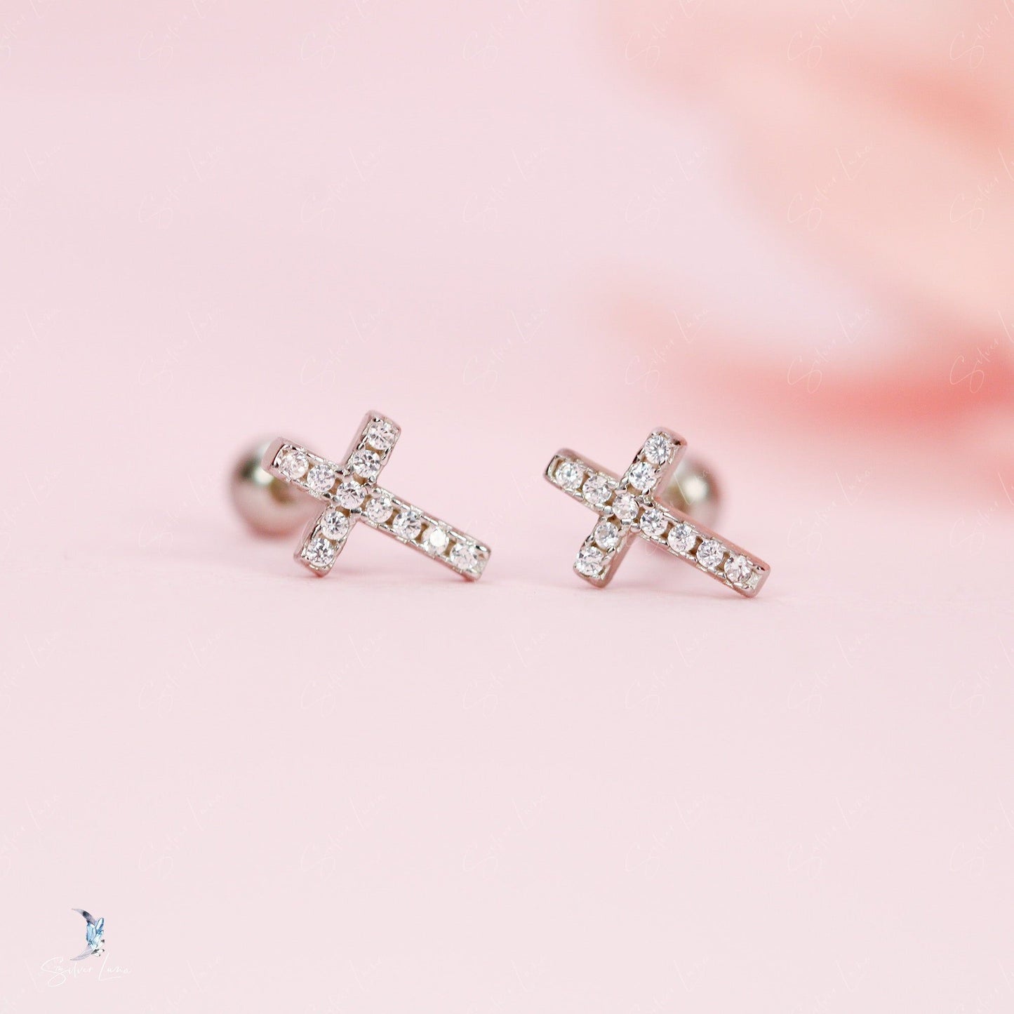 screw back cross silver earrings