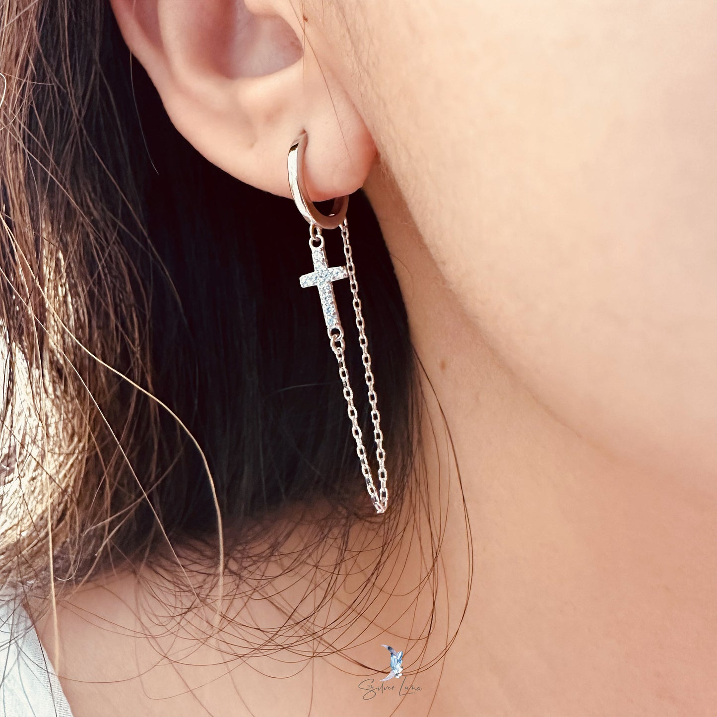 cross with chain hoop earrings