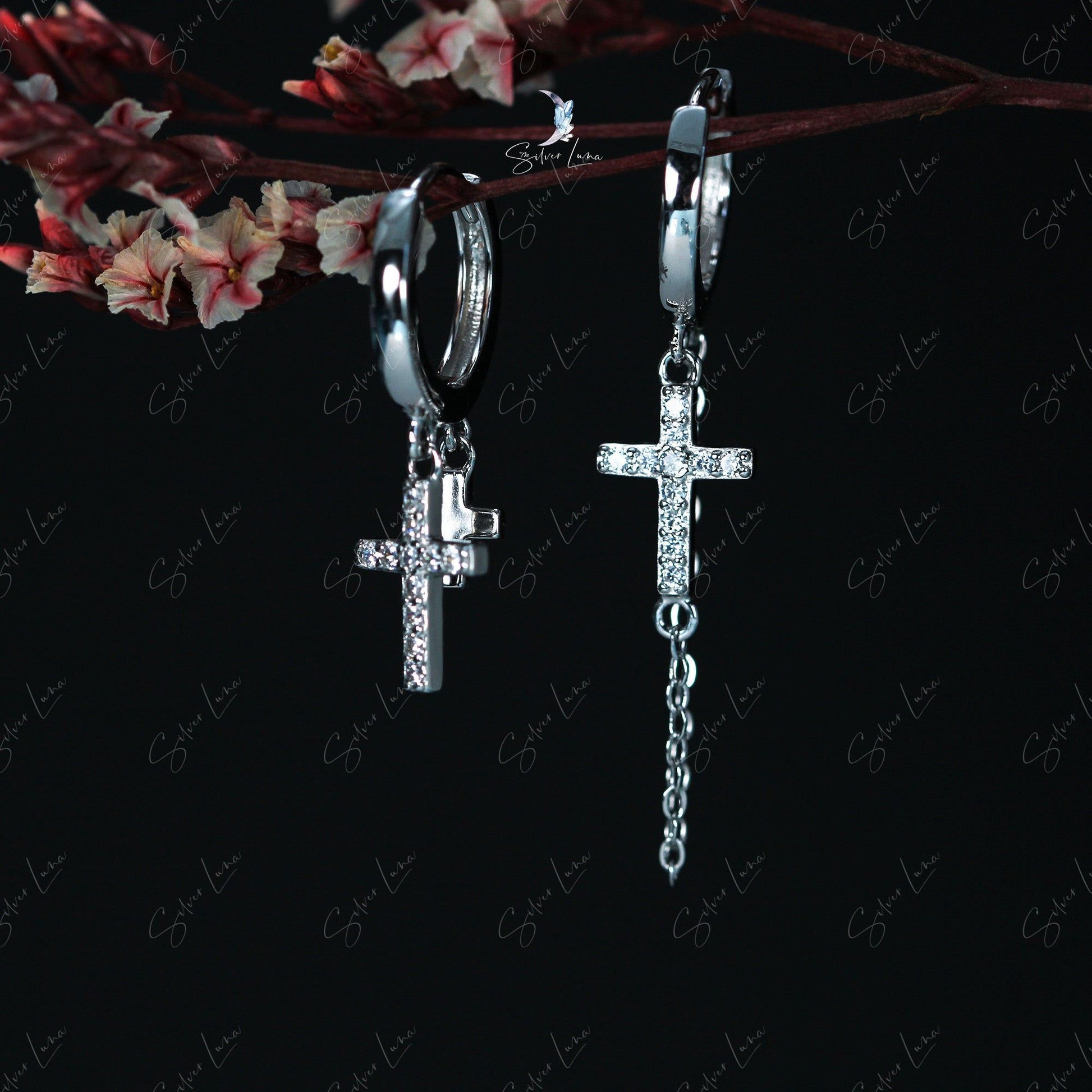crucifix cross hoop  silver earrings