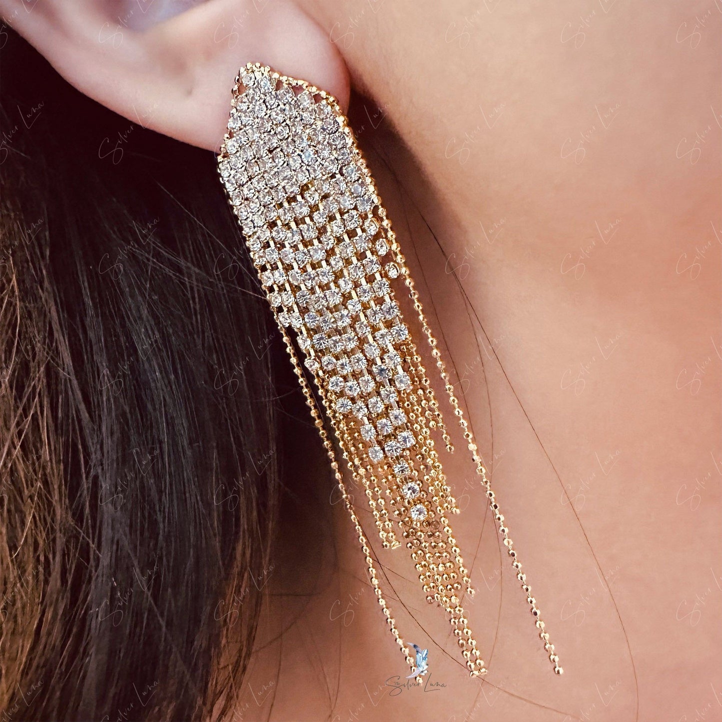 Crystal rhinestone chain drop earrings