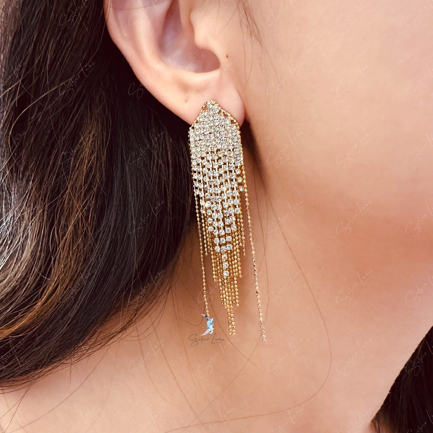 Crystal rhinestone chain drop earrings