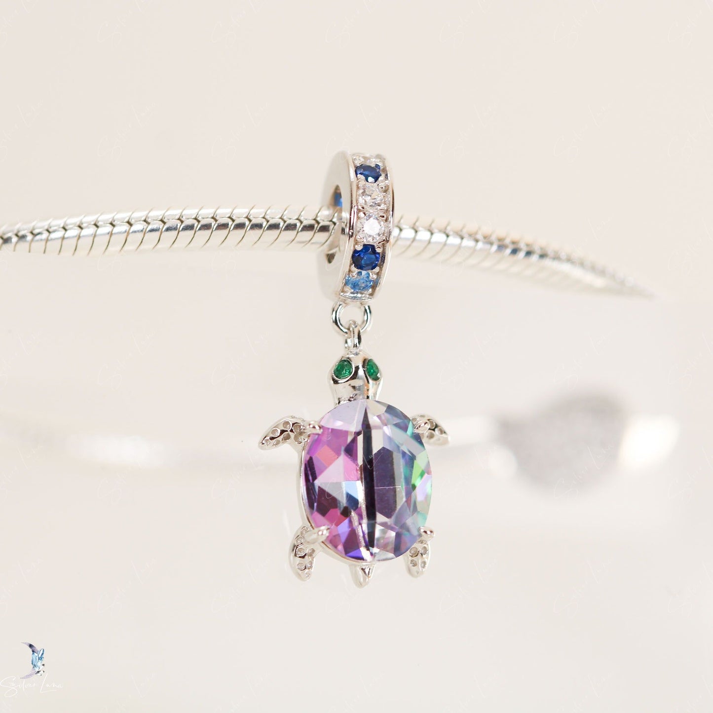 Rainbow crystal turtle sterling silver pendant charm