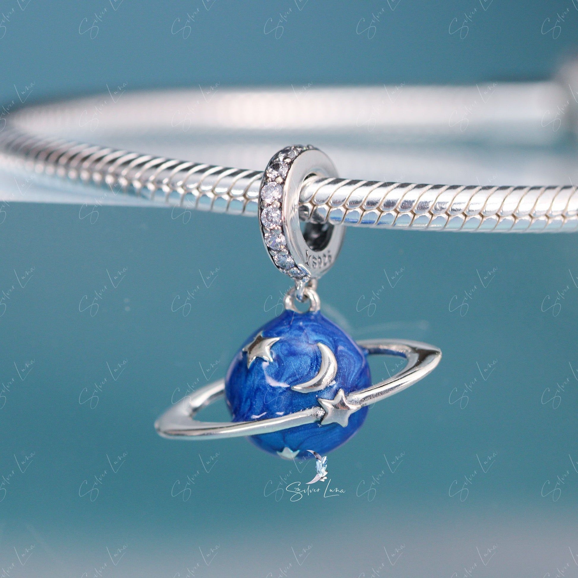 silver blue planet charm