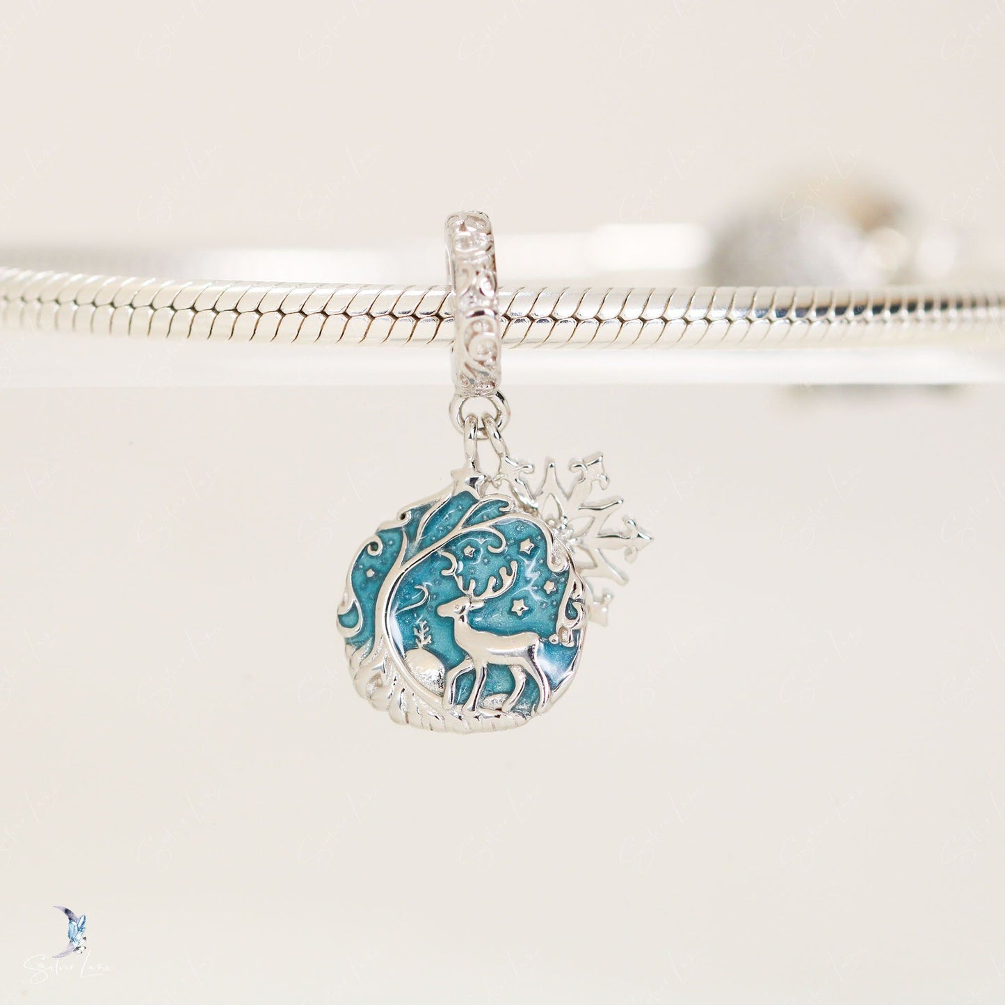 Deer in the snowy forest sterling silver pendant charm