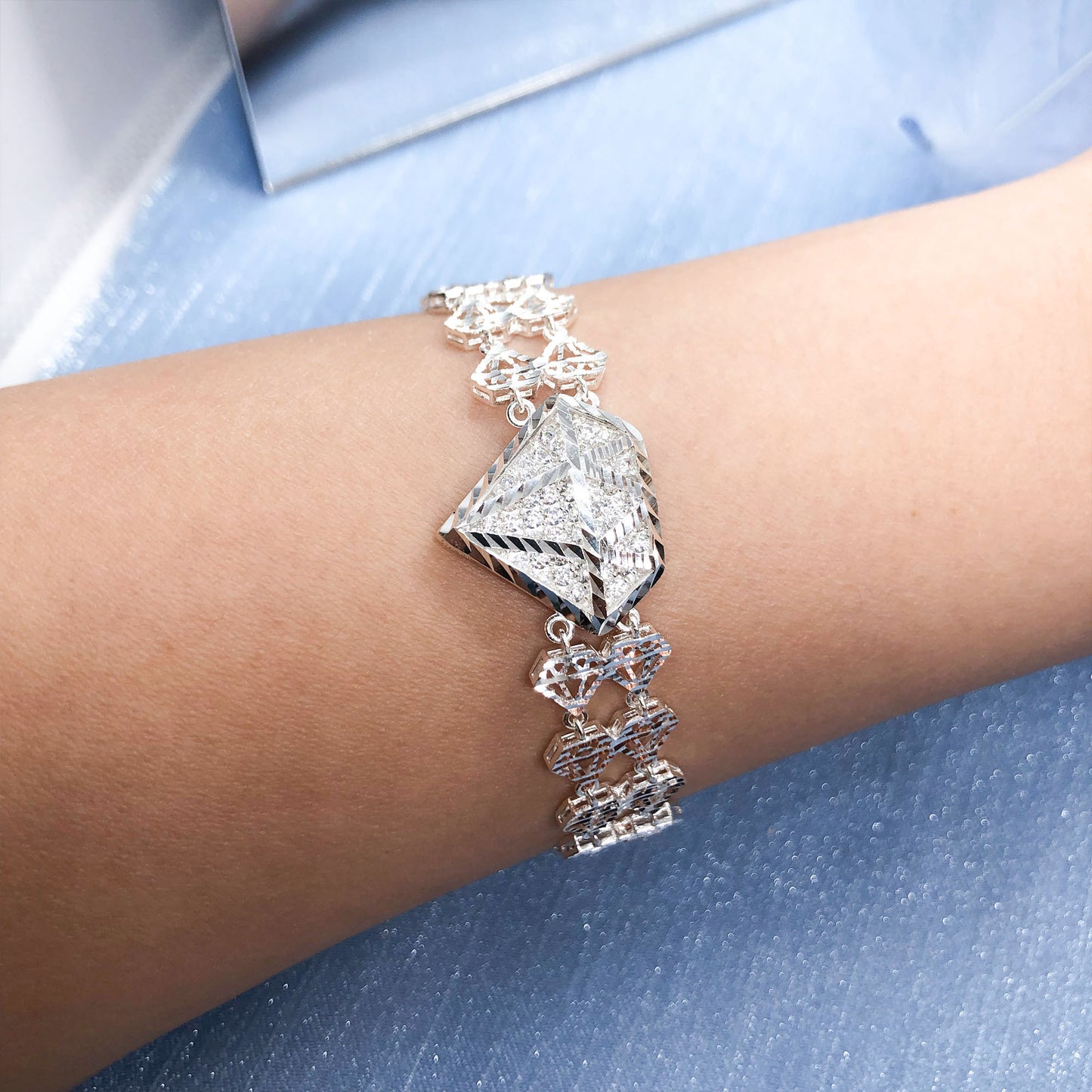 Diamond shape tennis lace sterling silver bracelet