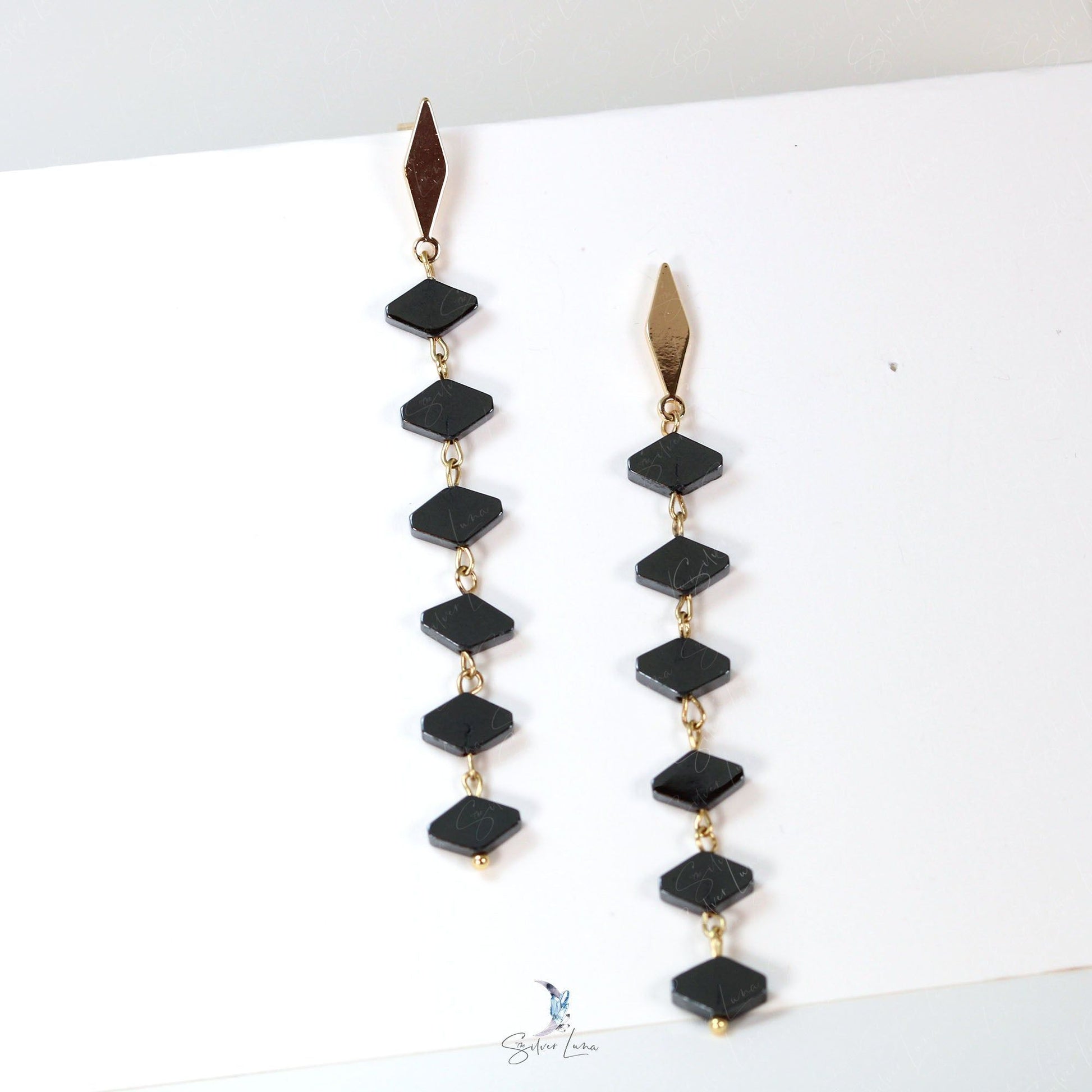 black diamond hematite dangle drop earrings