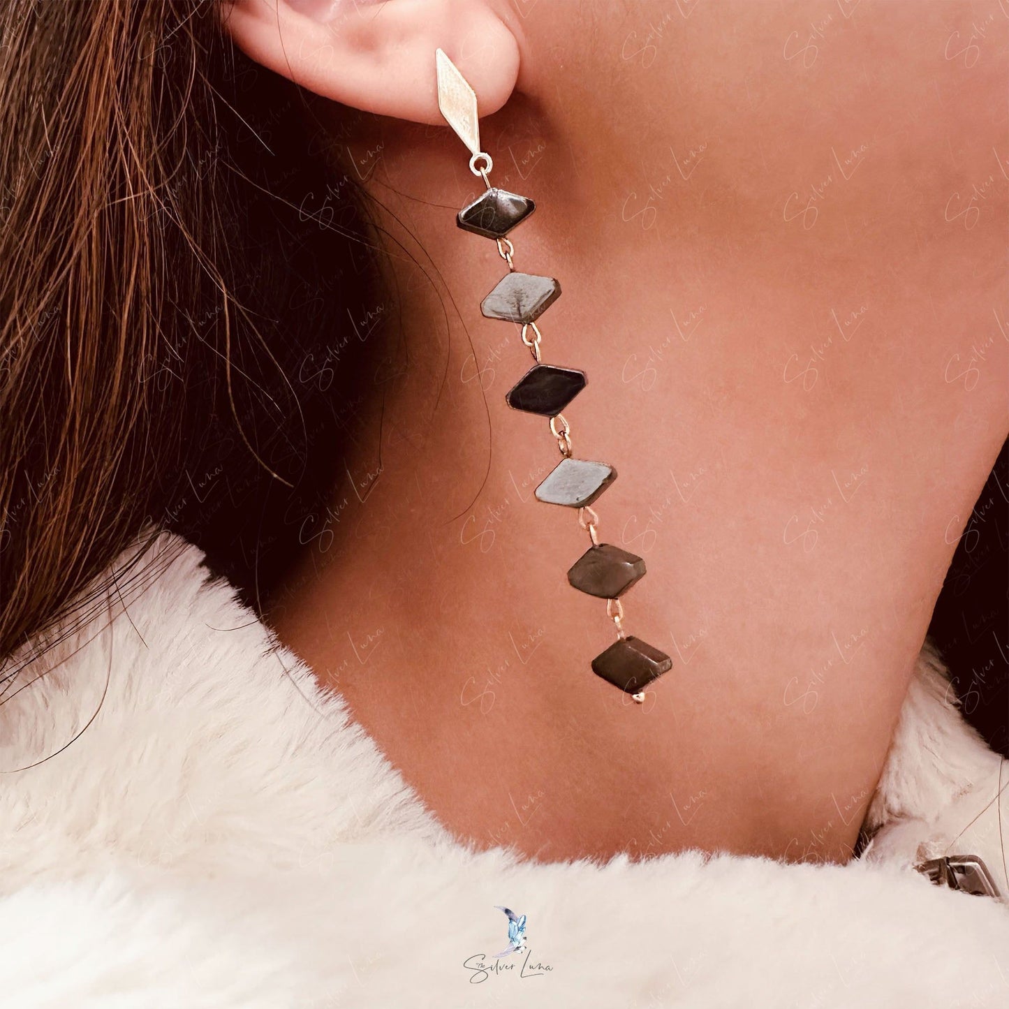 black diamond hematite dangle drop earrings