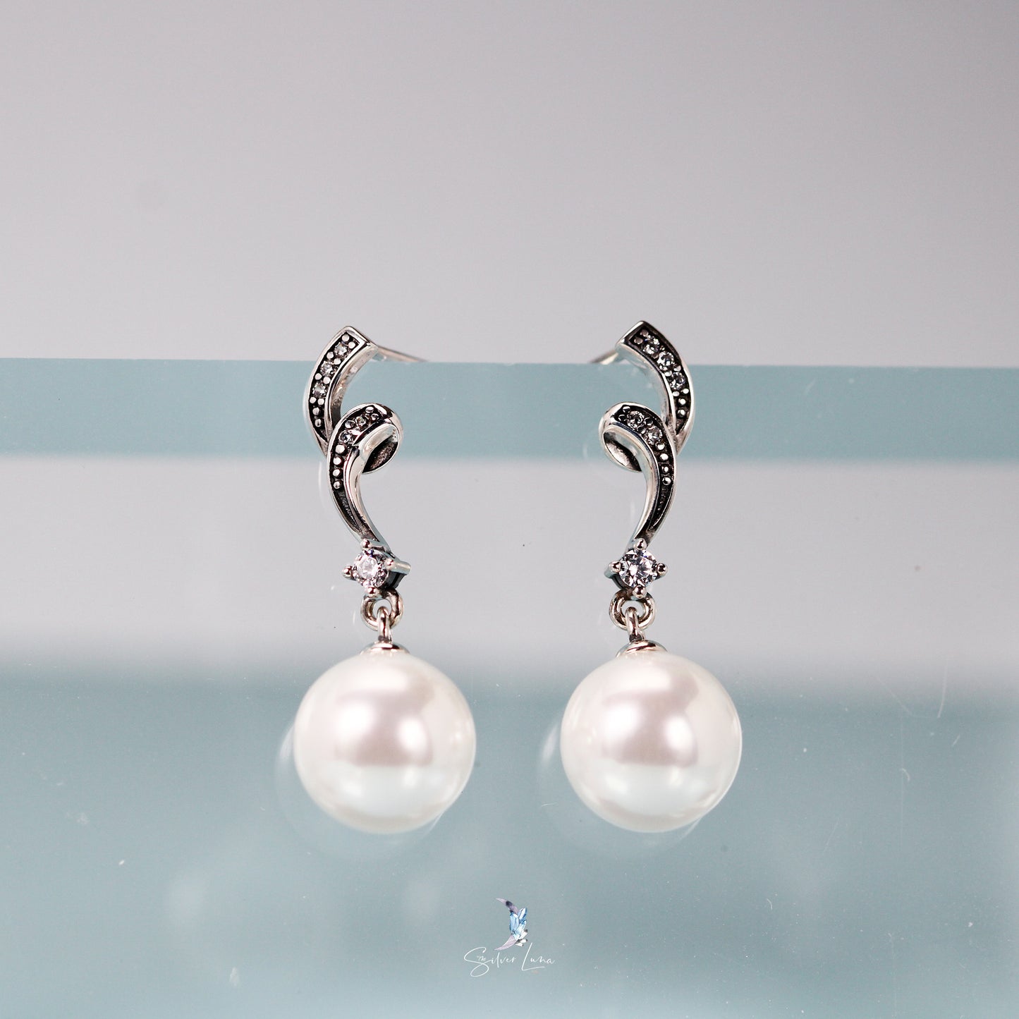 pearl dangle drop silver earrings