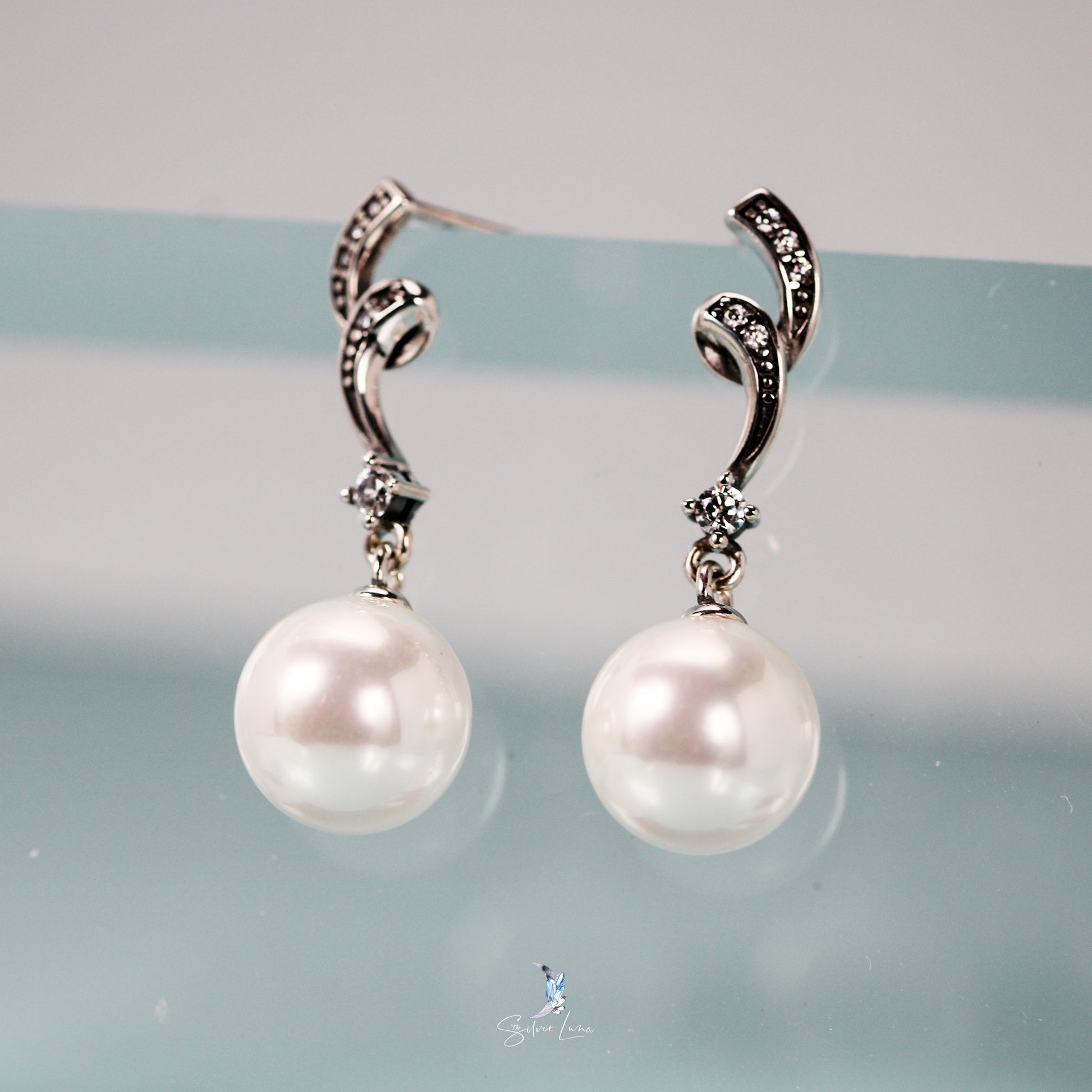 pearl dangle drop silver earrings