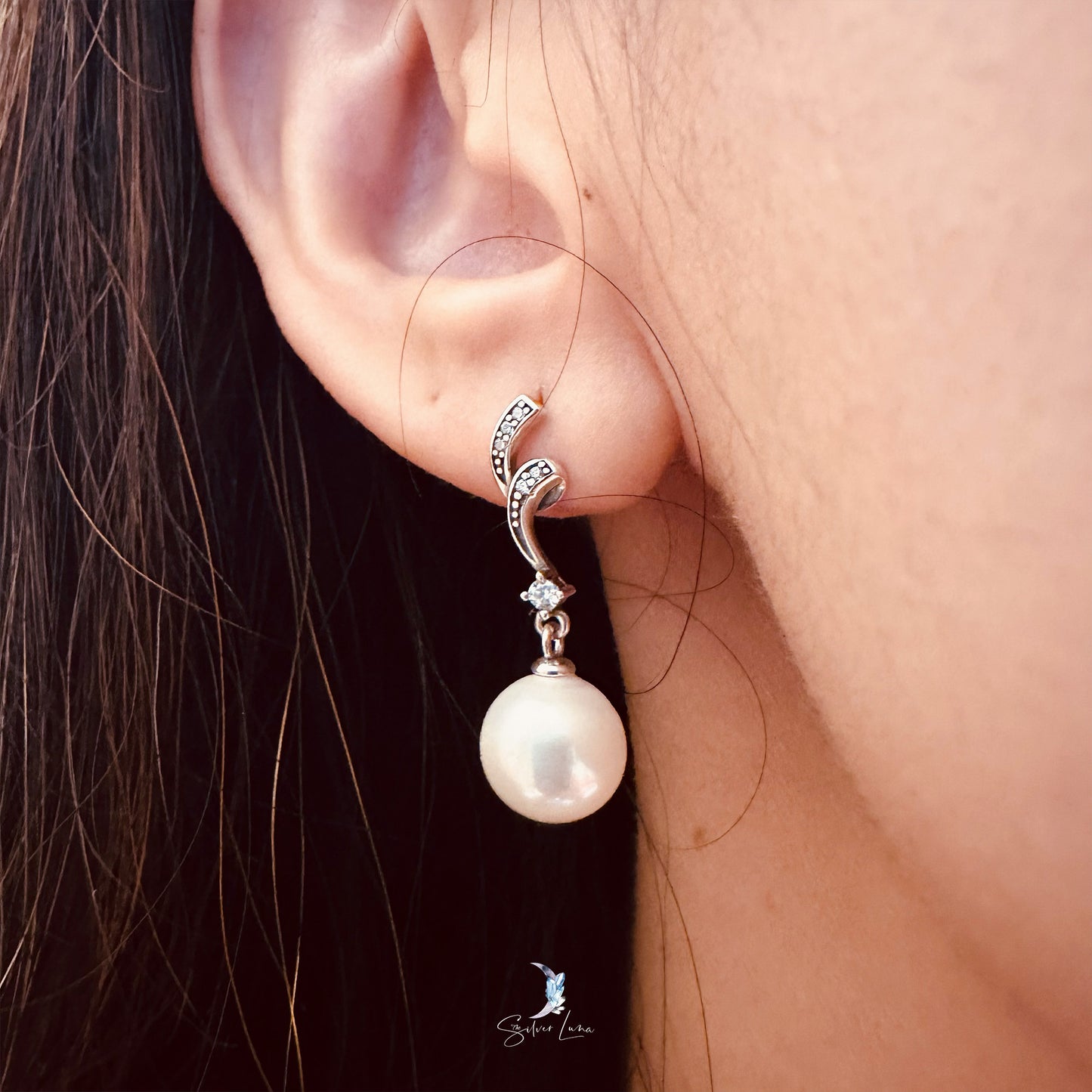 pearl dangle drop silver earrings