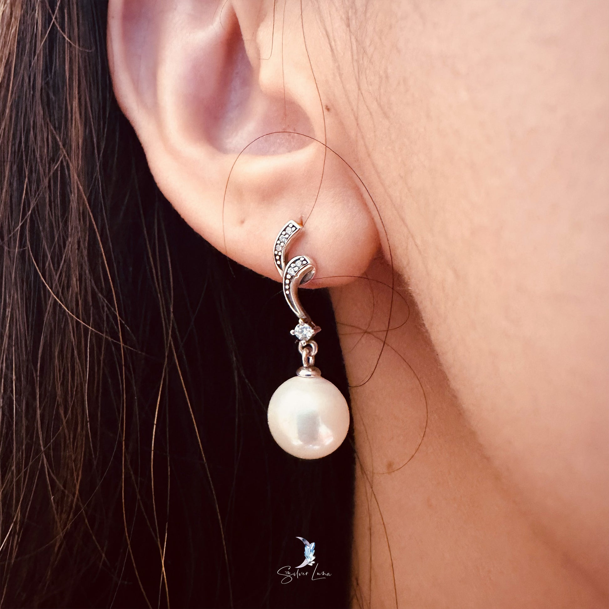 pearl dangle drop silver earrings