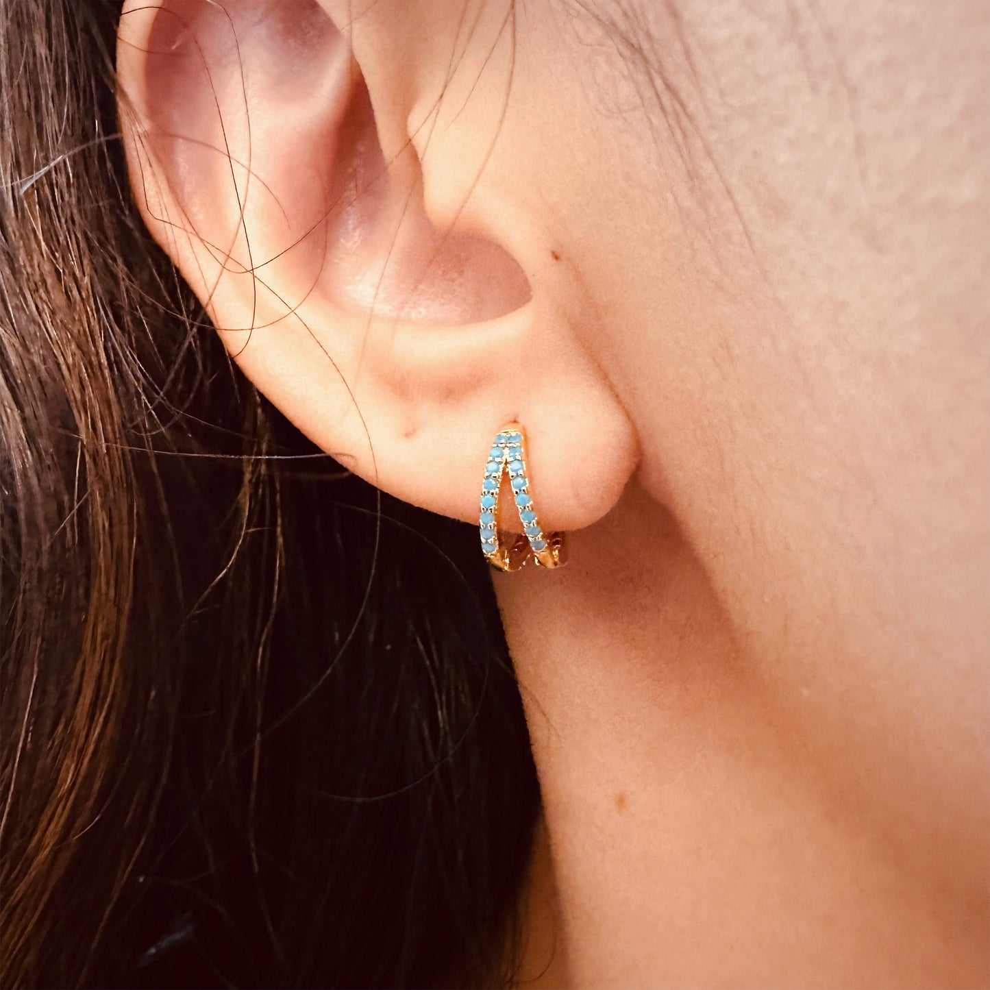 blue stone double hoop earrings ear huggies