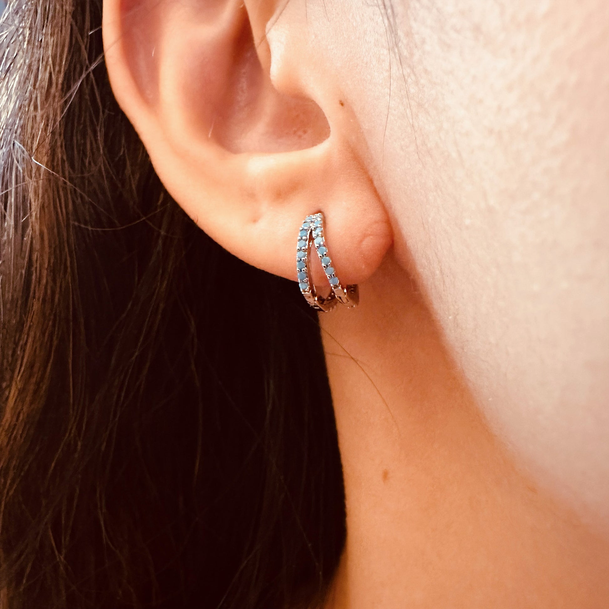 blue stone double hoop earrings ear huggies