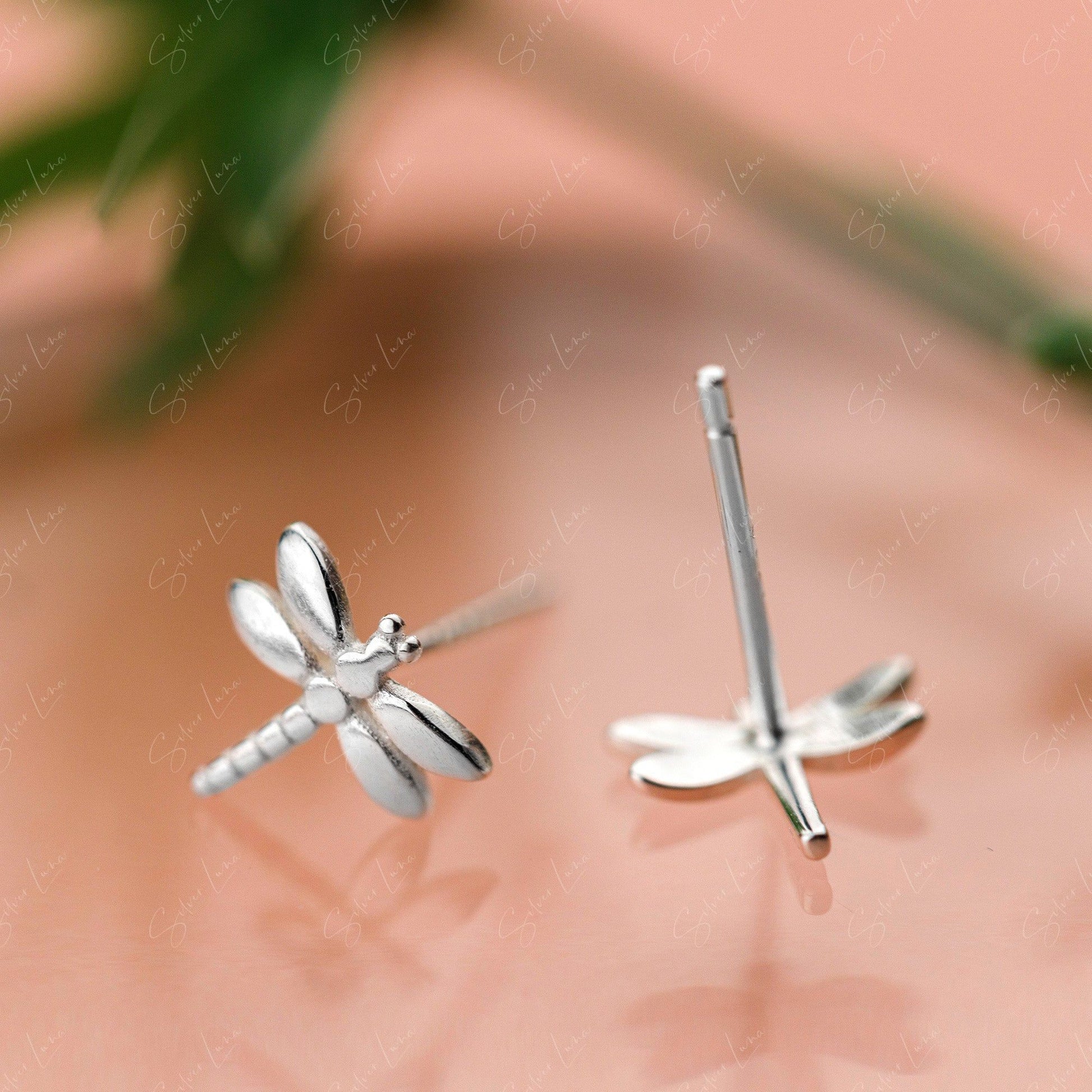 Cute Tiny Dragonflies Sterling Silver Stud Earrings