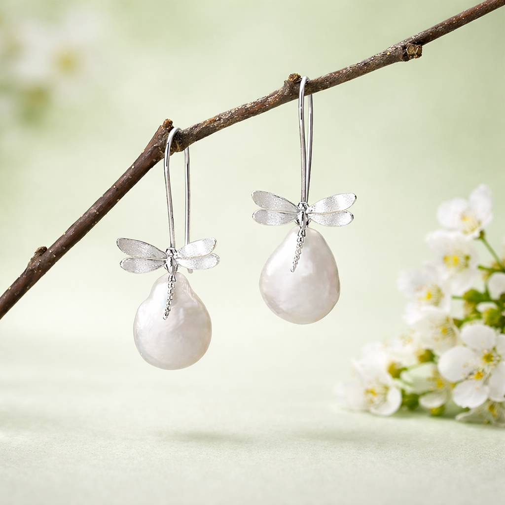 Pearl earrings with dragonfly accents hanging on a branch with flowers in the background