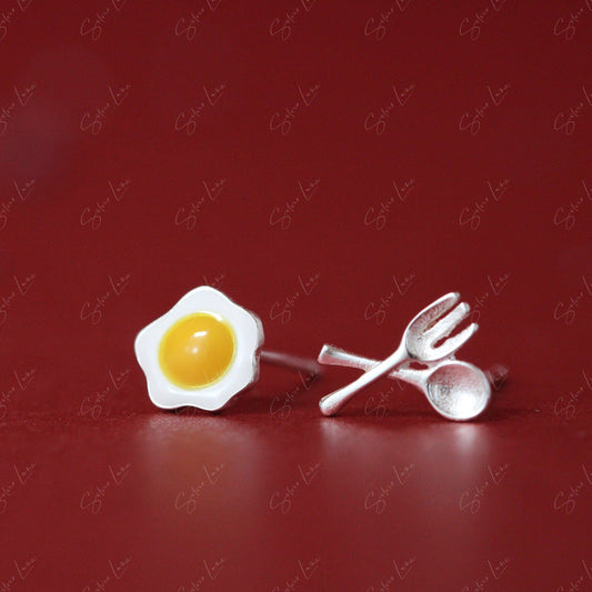 fried egg spoon and folk stud earrings