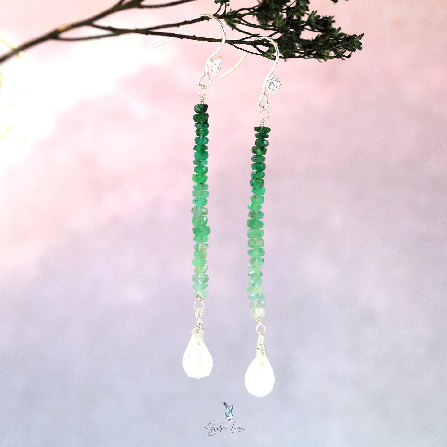 emerald teardrop moonstone silver earrings