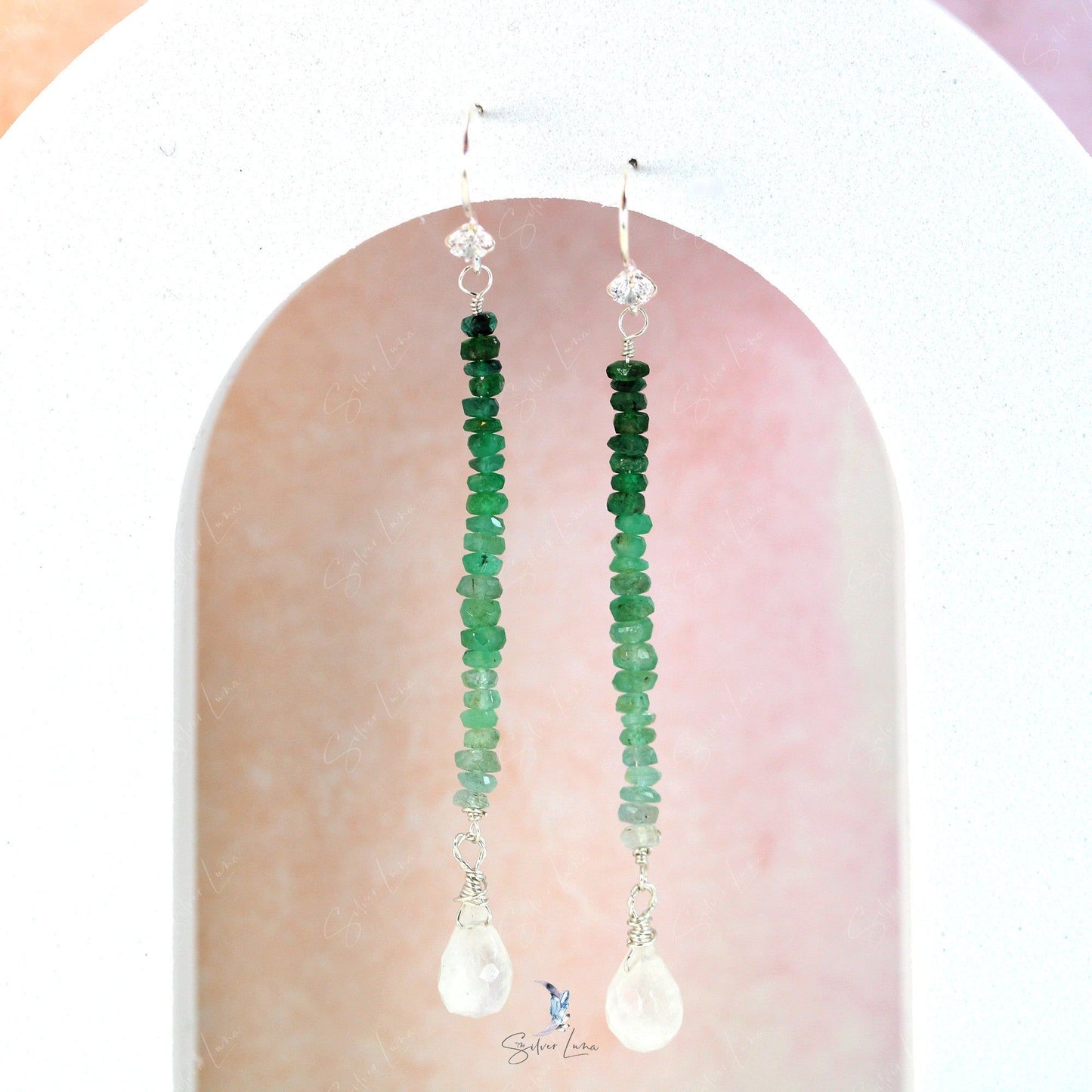 emerald moonstone dangle drop earrings