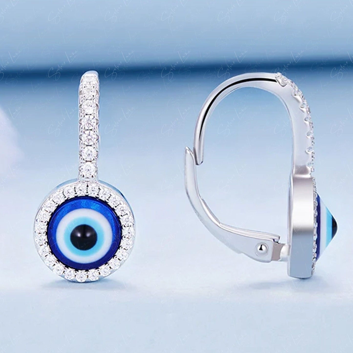 evil eye latch back sterling silver earrings