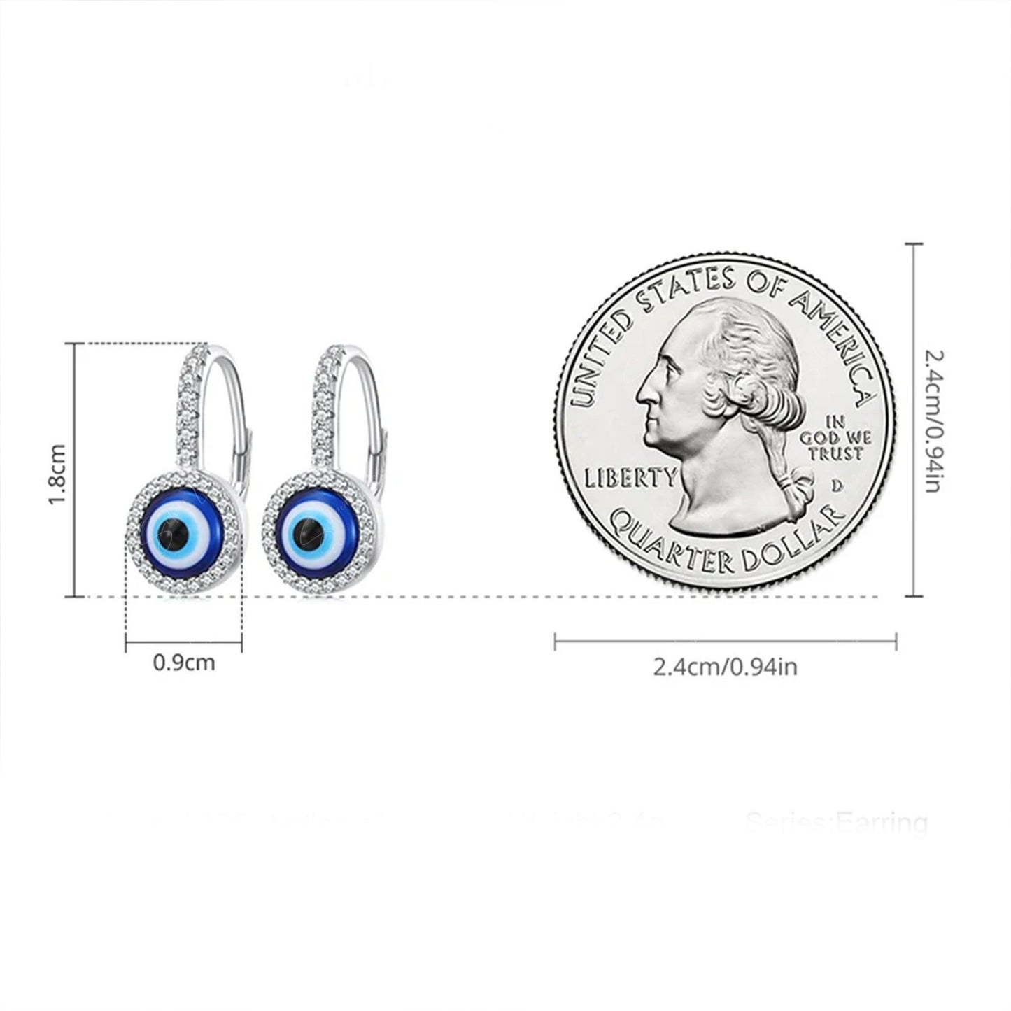 Cubic zirconia Turkish evil eye latch back sterling silver earrings